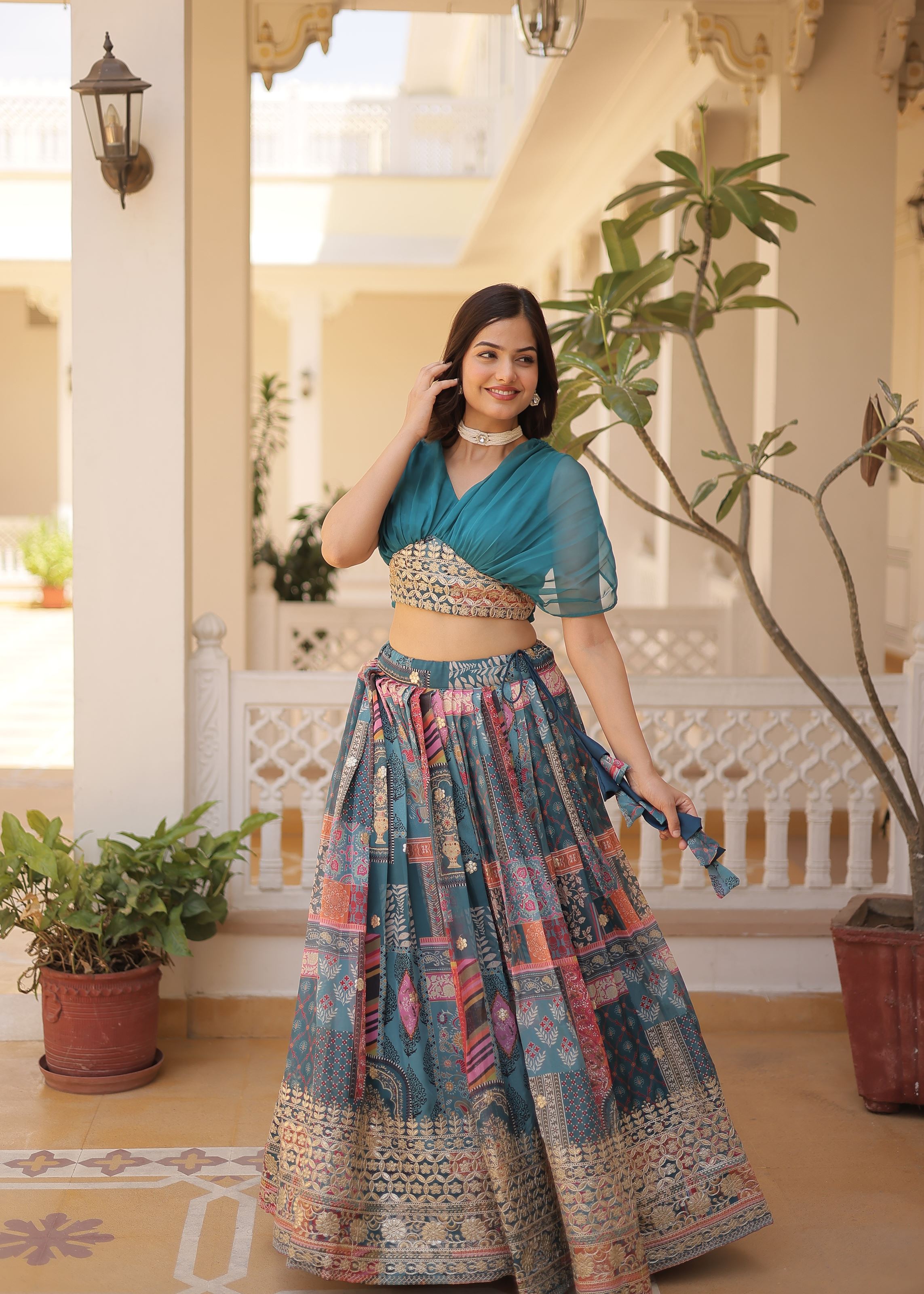 Teal Lehenga Choli With Thread and Embroidery Work
