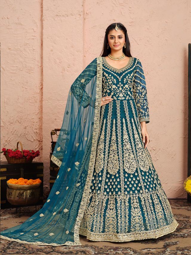 Teal Net Heavy Thread Embroidery And Zari Work  Anarkali Suits