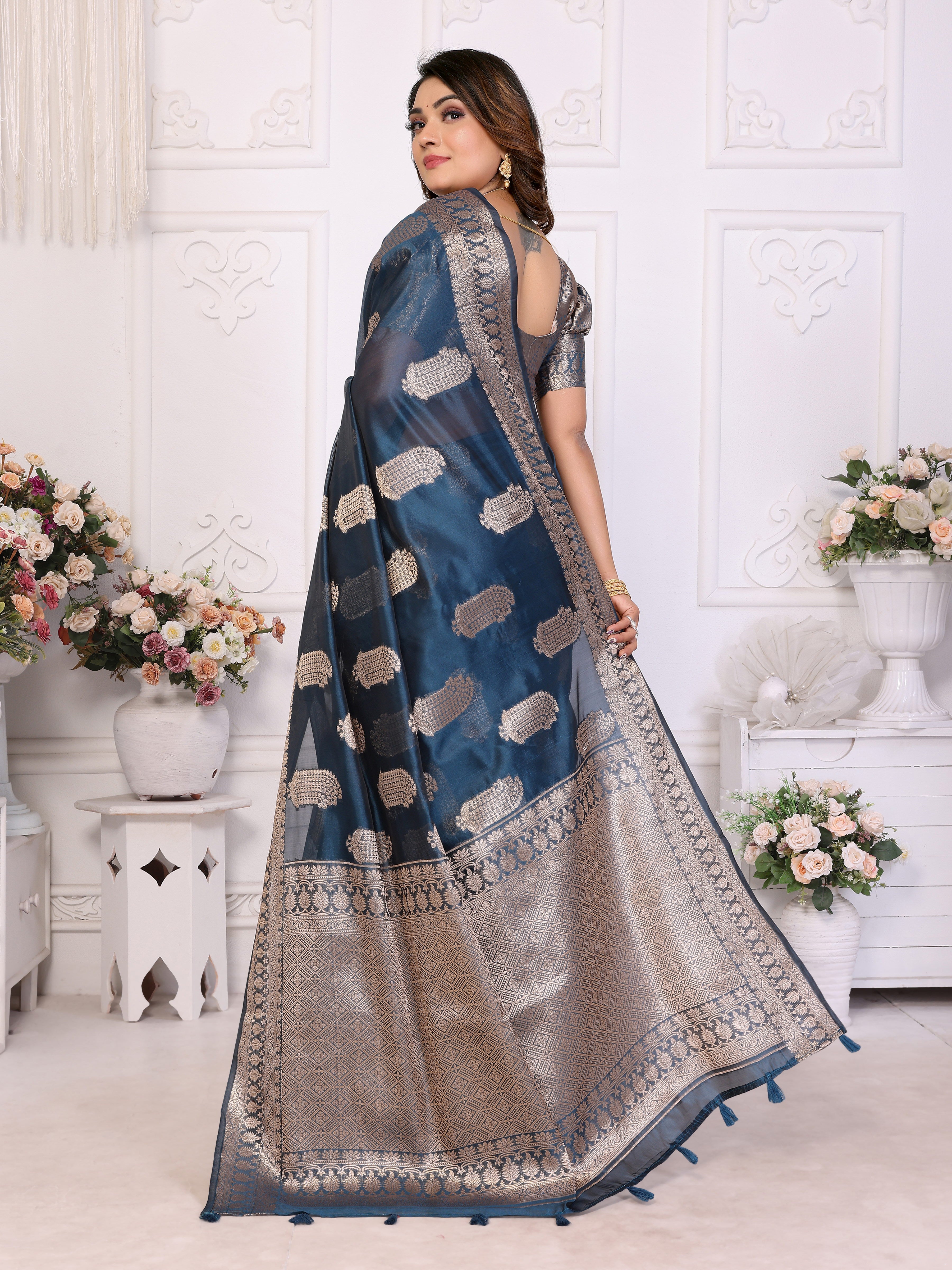 Teal Organza Gold Zari Designer Beautiful Festive Saree
