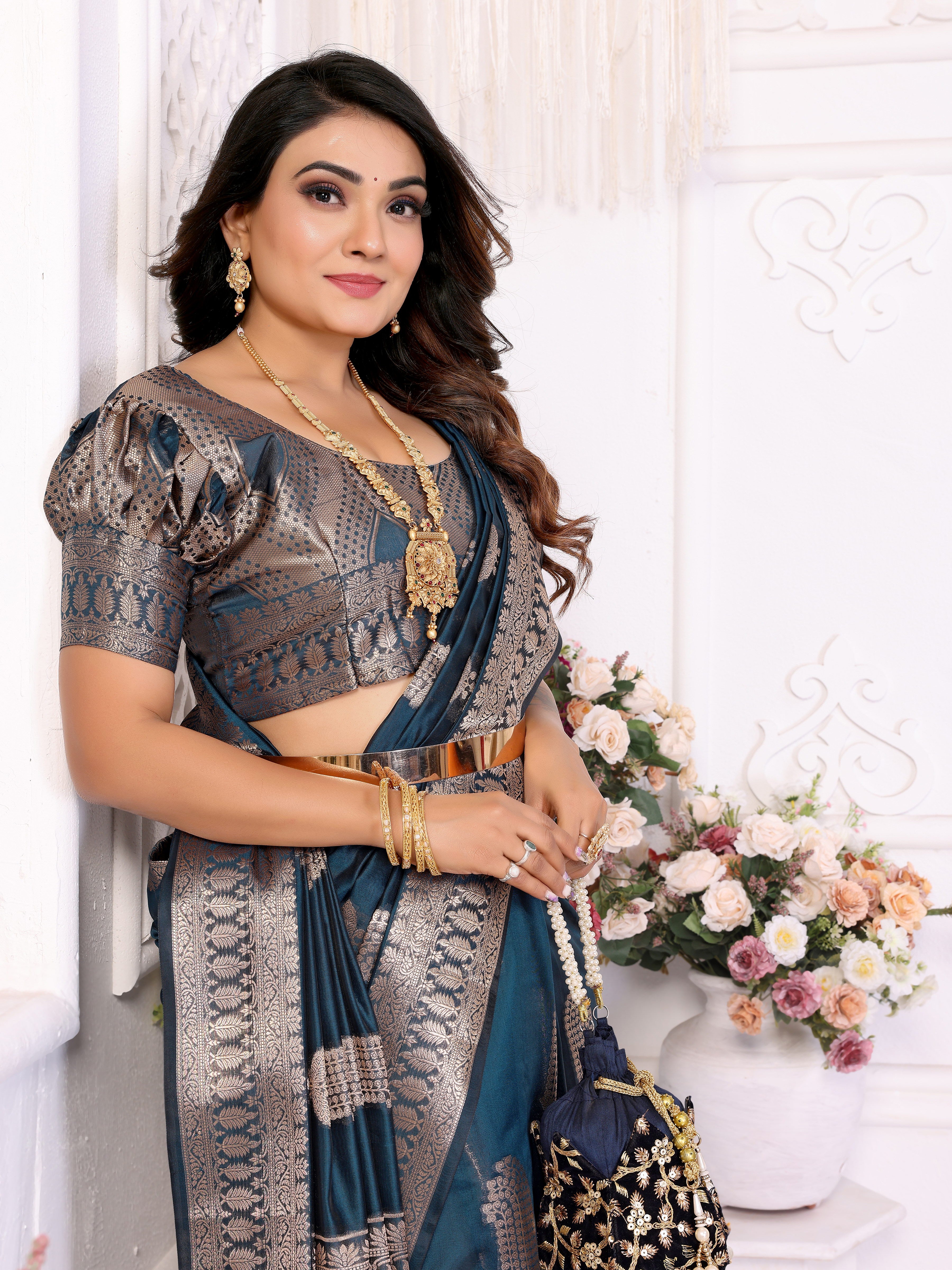 Teal Organza Gold Zari Designer Beautiful Festive Saree