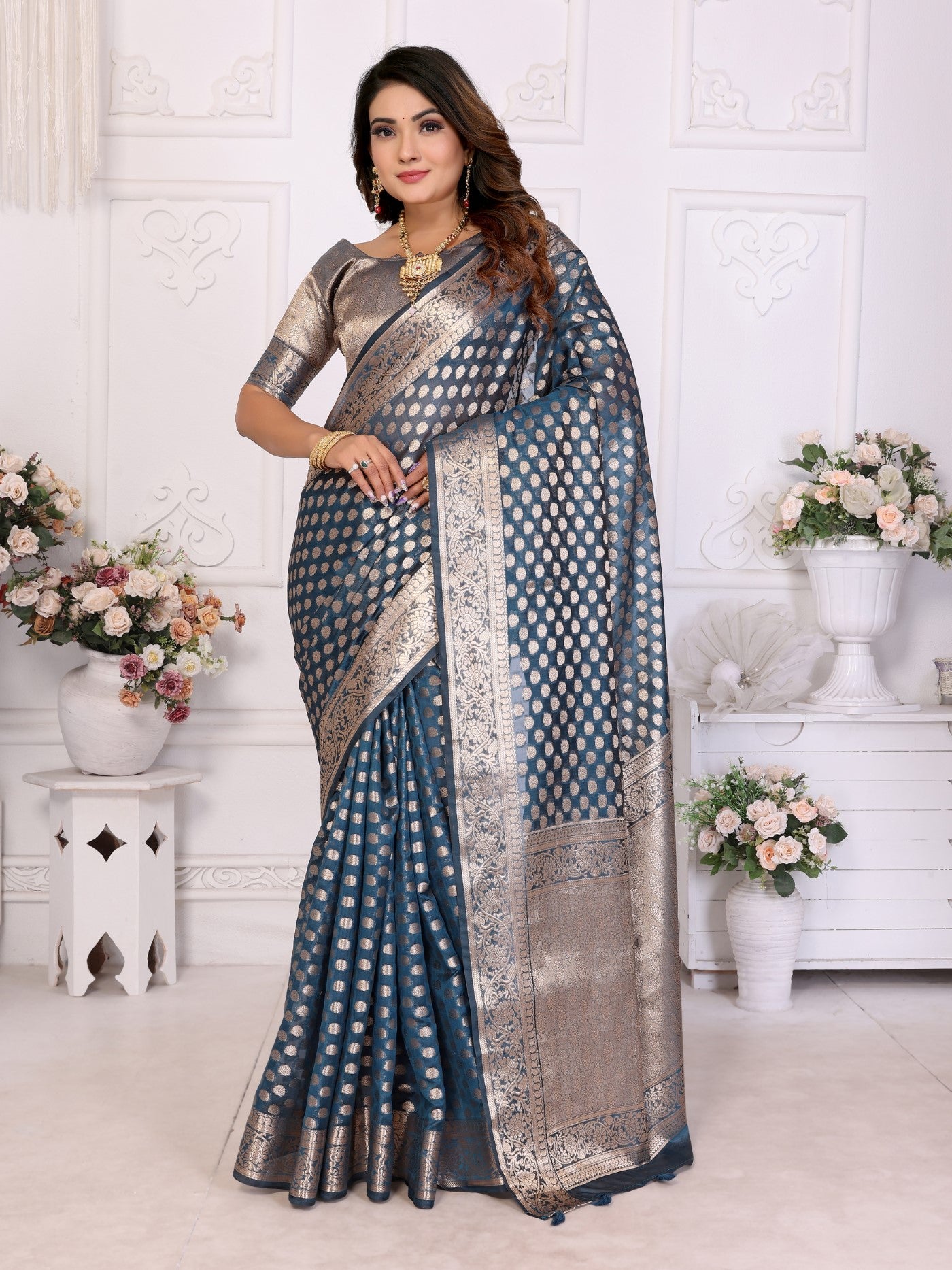 Teal Organza Silk Saree With Classic Weaving