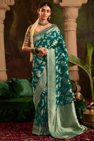 Teal Pure Crepe Dola Silk Saree With Jacquard Woven Work