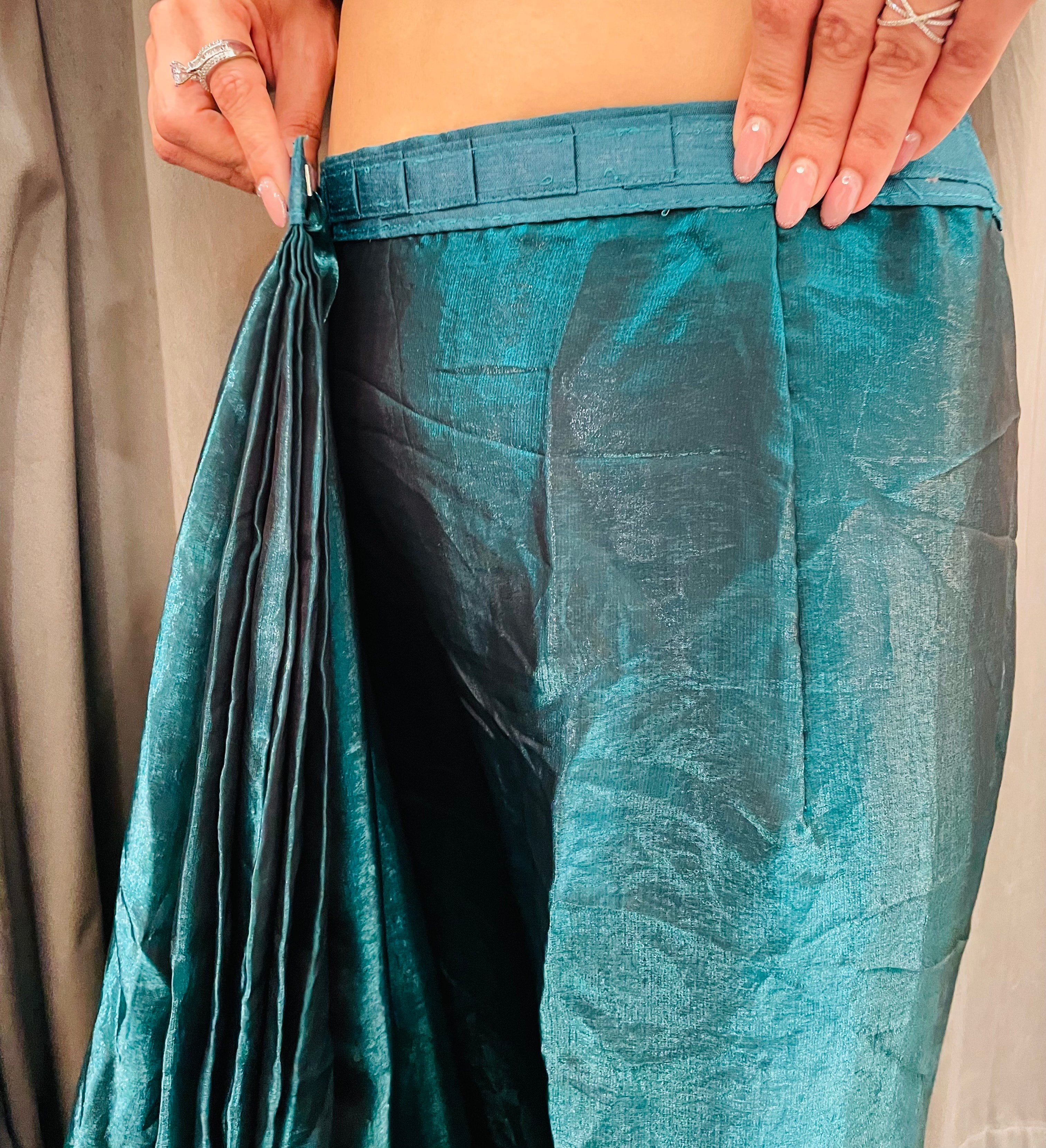 Teal Ready To Wear Fendy Satin Saree Designed With Lace Border
