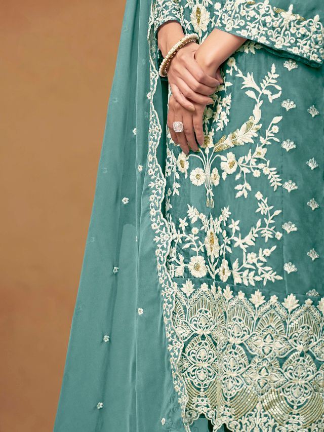 Teal Salwar Kameez With Thread Emboirdered Work