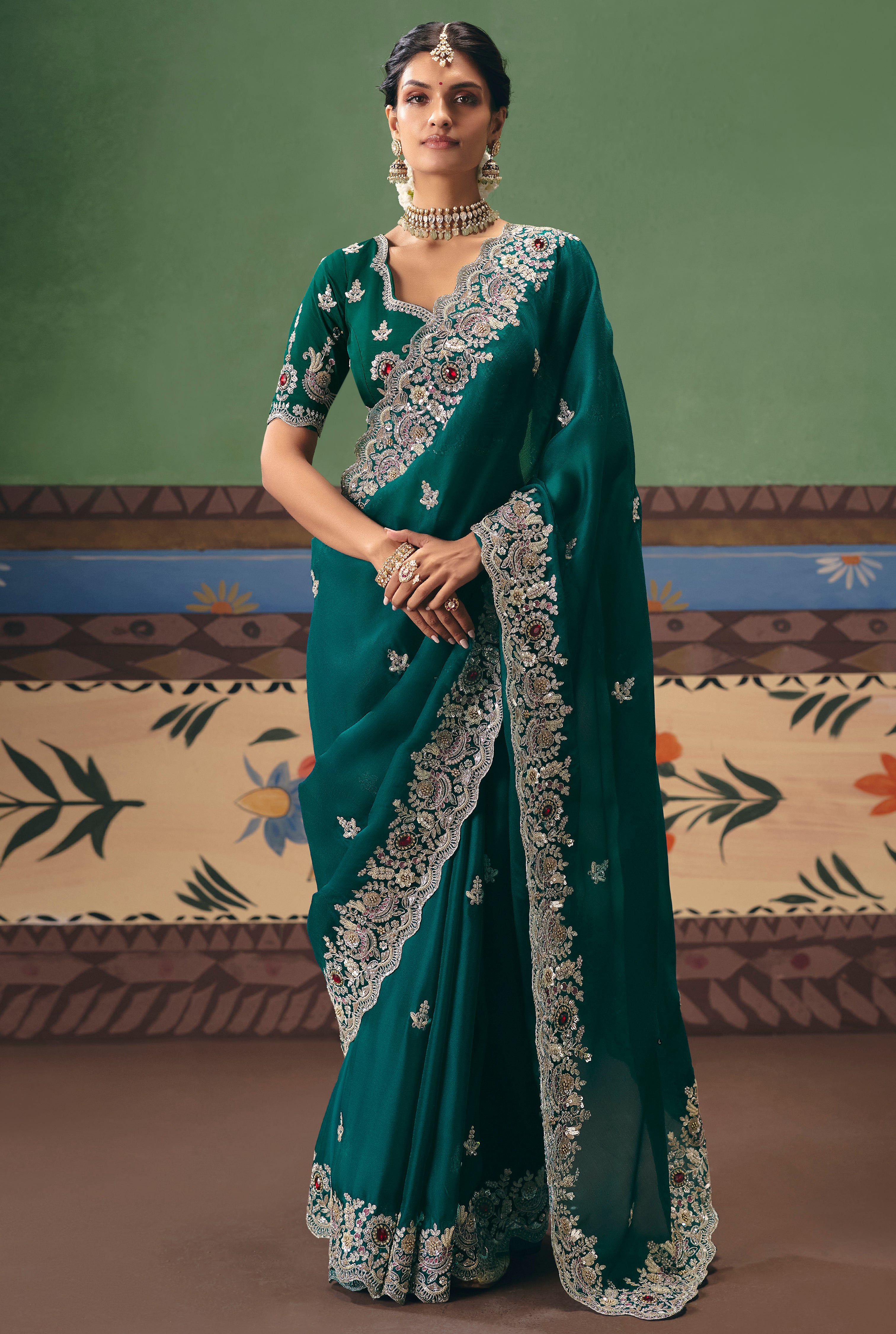 Teal Saree With  Heavy Designer Embroidery, Sequince, Stone, Pearl With Beads Work