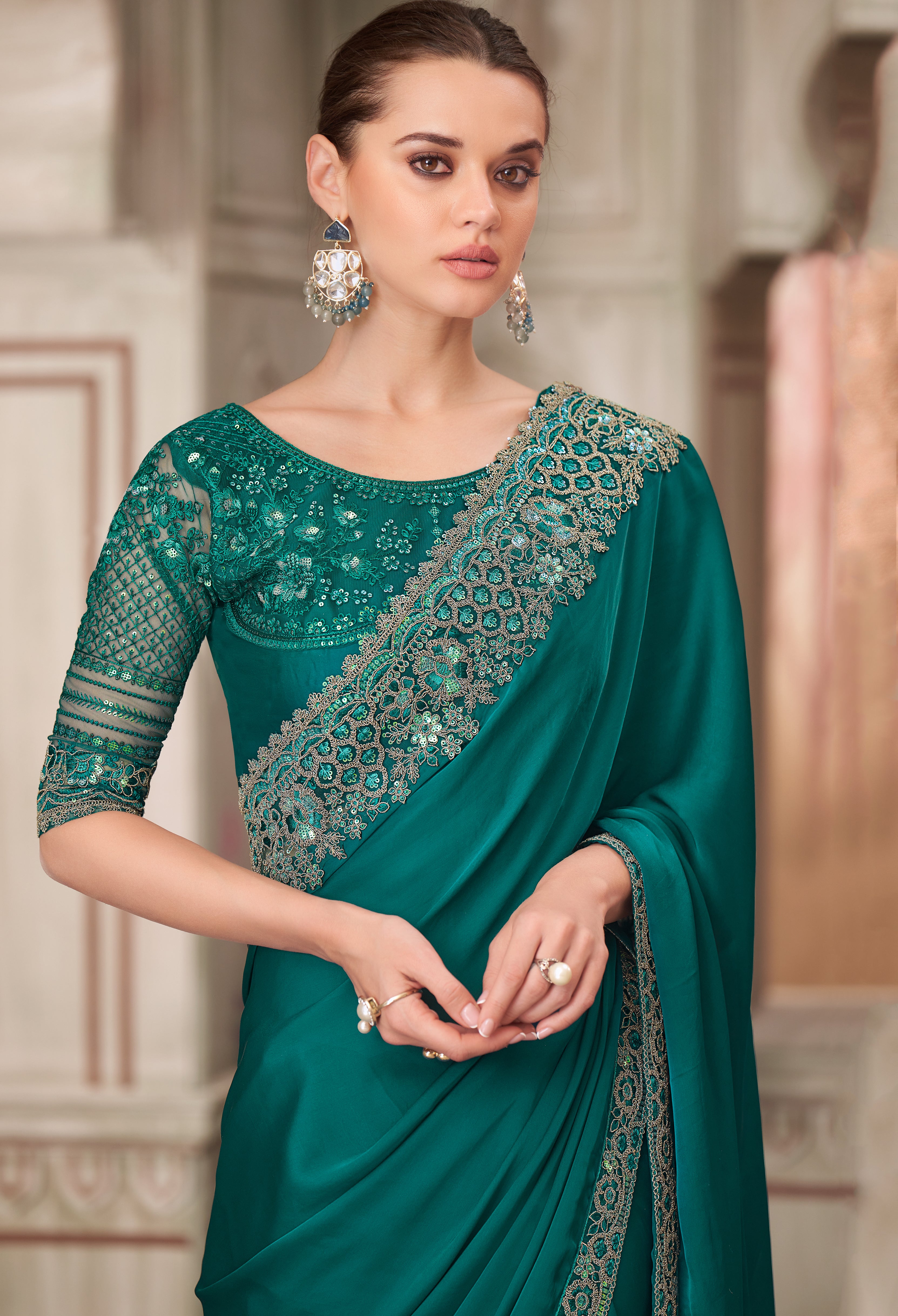 Teal Saree With  Heavy Thread Embroidery Sequins Border Work With Embroidery Blouse
