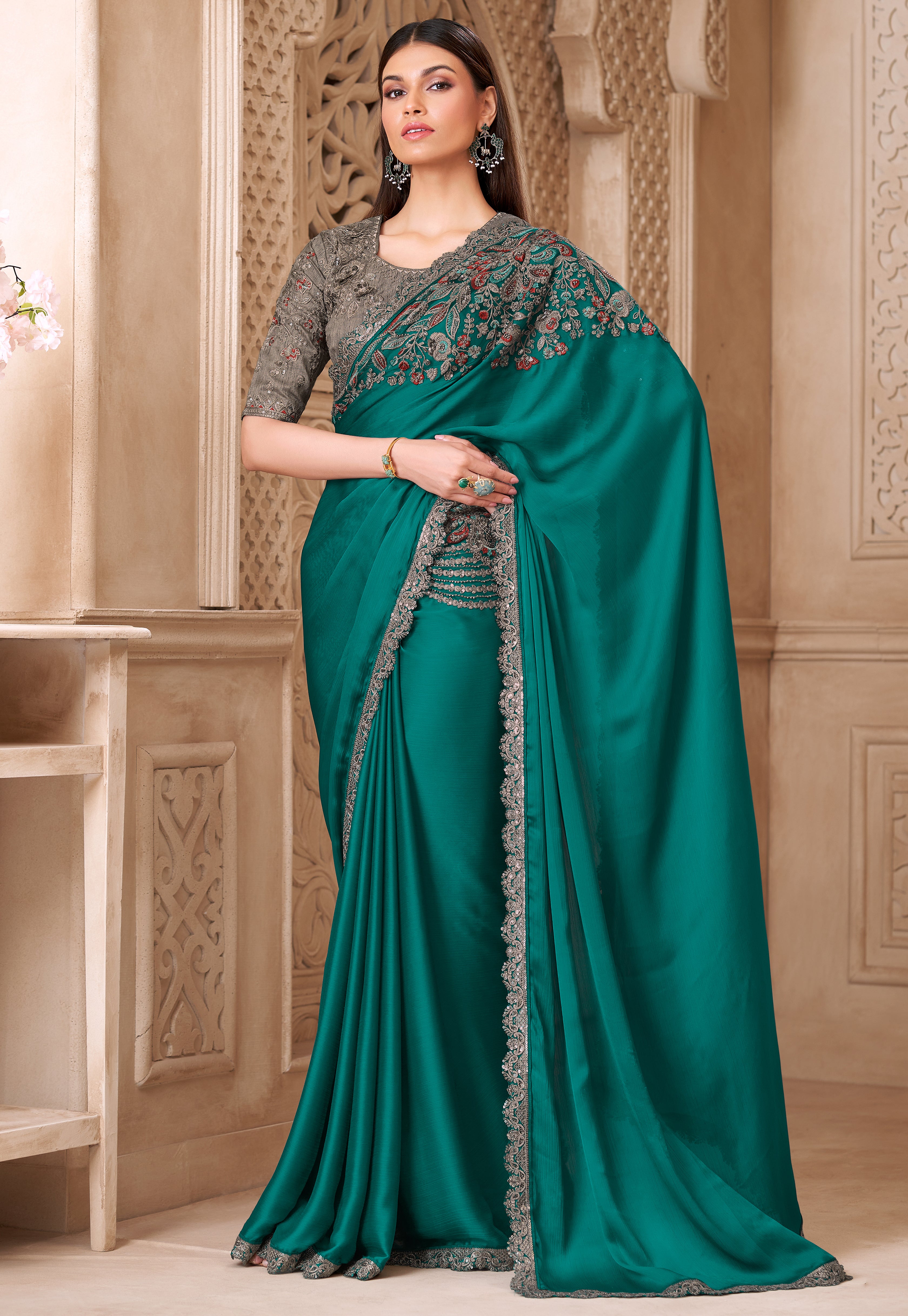 Teal Saree With  Heavy Thread Embroidery, Stone Sequins Border Work With Embroidery Blouse