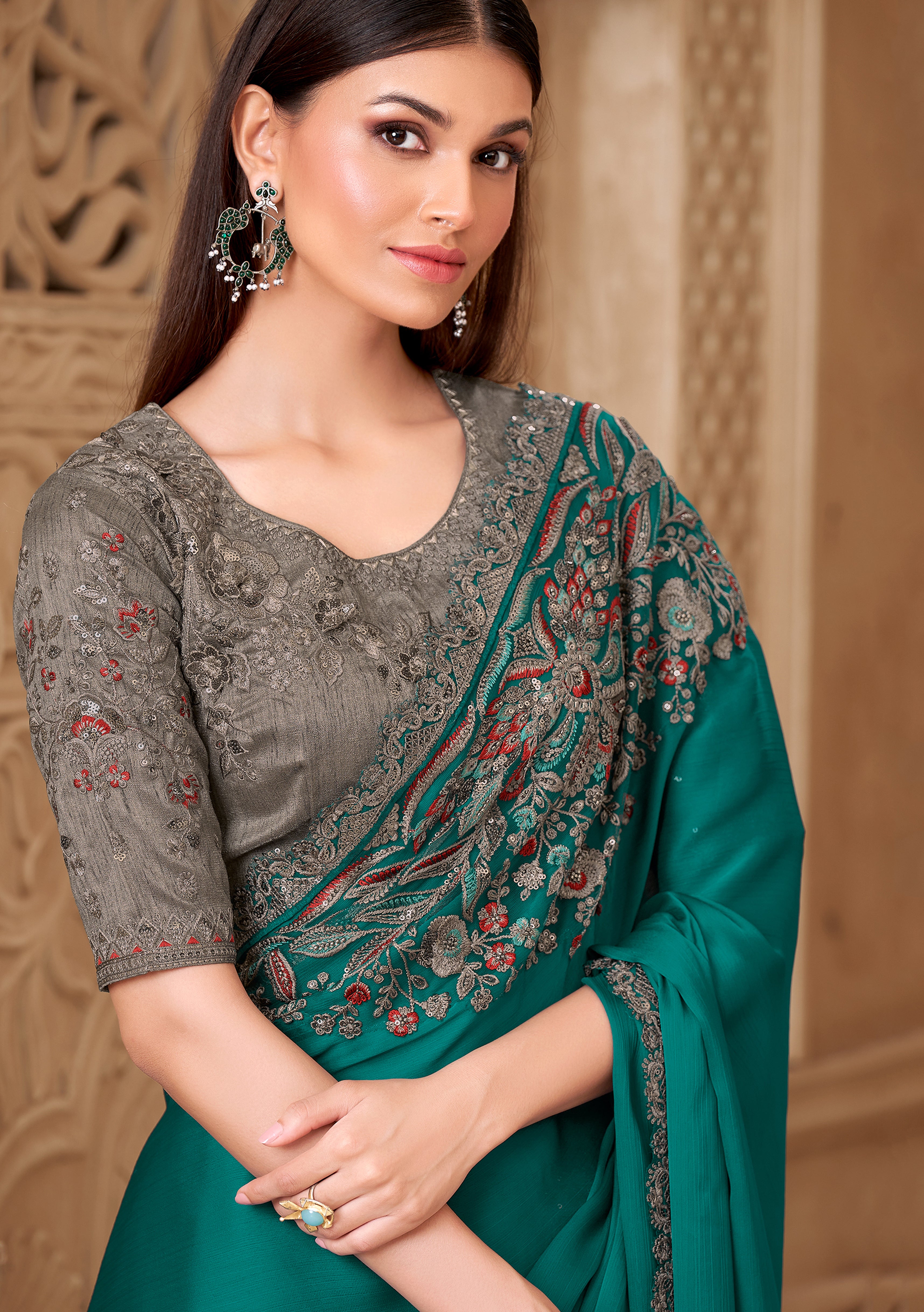 Teal Saree With  Heavy Thread Embroidery, Stone Sequins Border Work With Embroidery Blouse