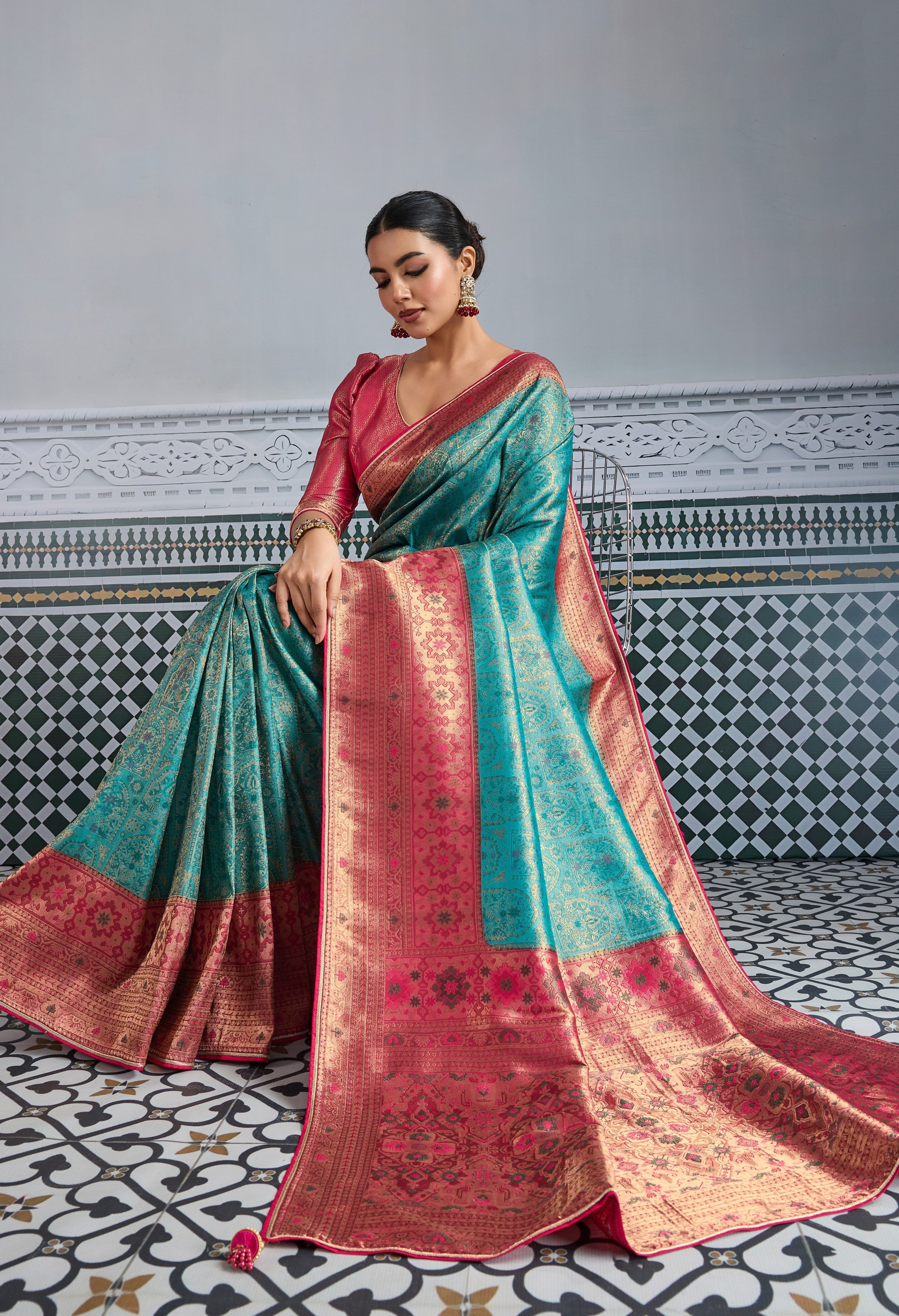 Teal Saree With  Zari Meenakari Woven all over the saree With Broad & Intricate Patta, Exquisite Grand Pallu