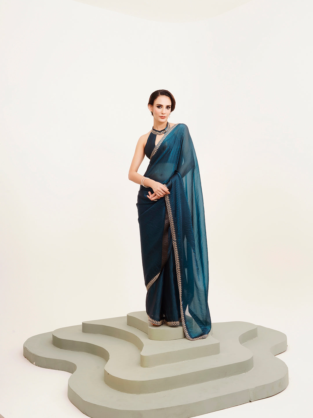 Teal Satin Embellished Beads And Stones Work Fancy Saree