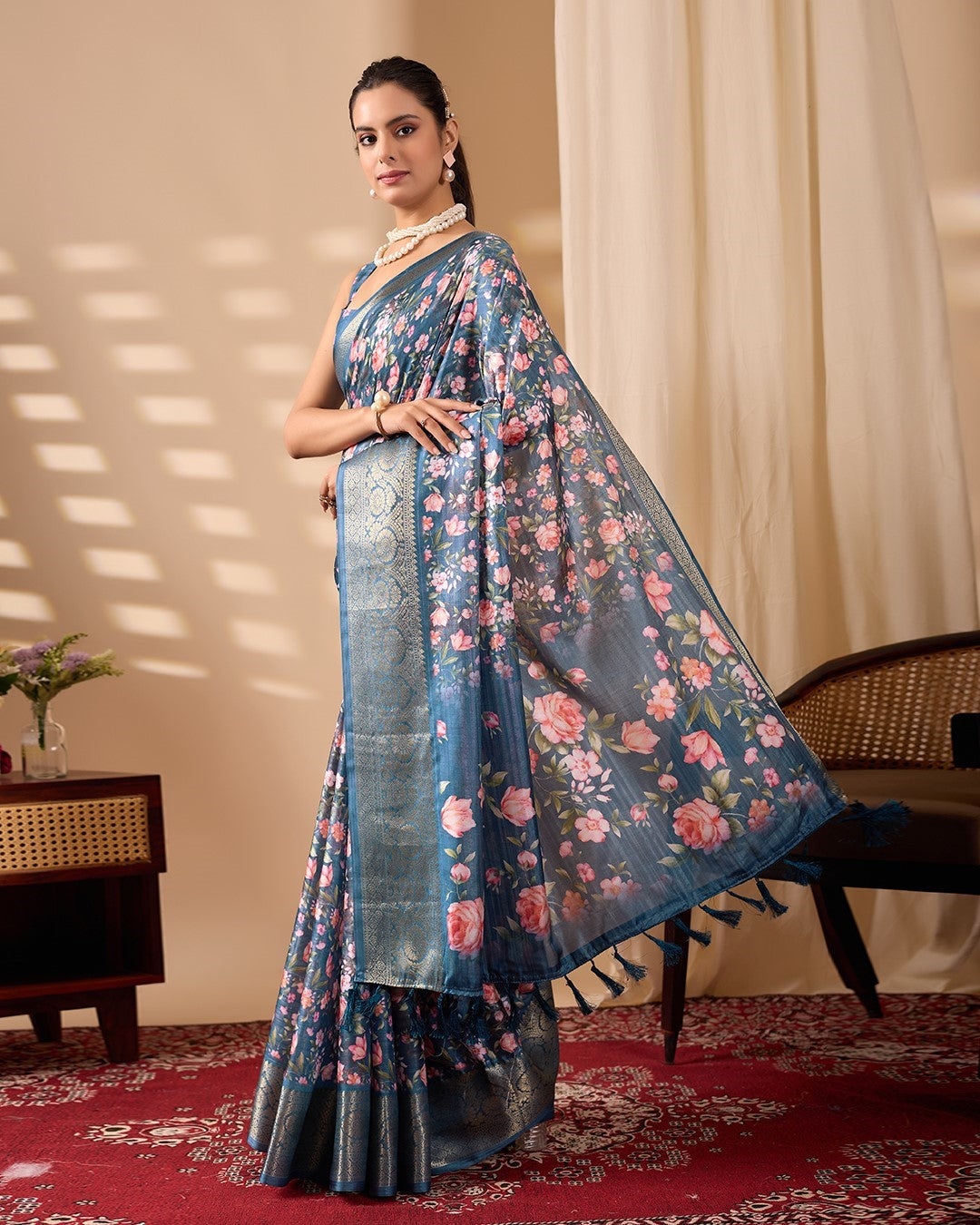 Teal Soft Lichi Silk Saree With Digital Printed Elegant Traditional Saree