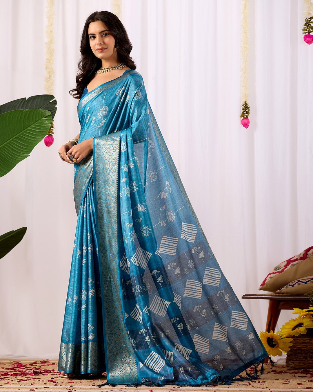 Teal Soft Lichi Silk Saree With Digital Printed Premium Designer Saree