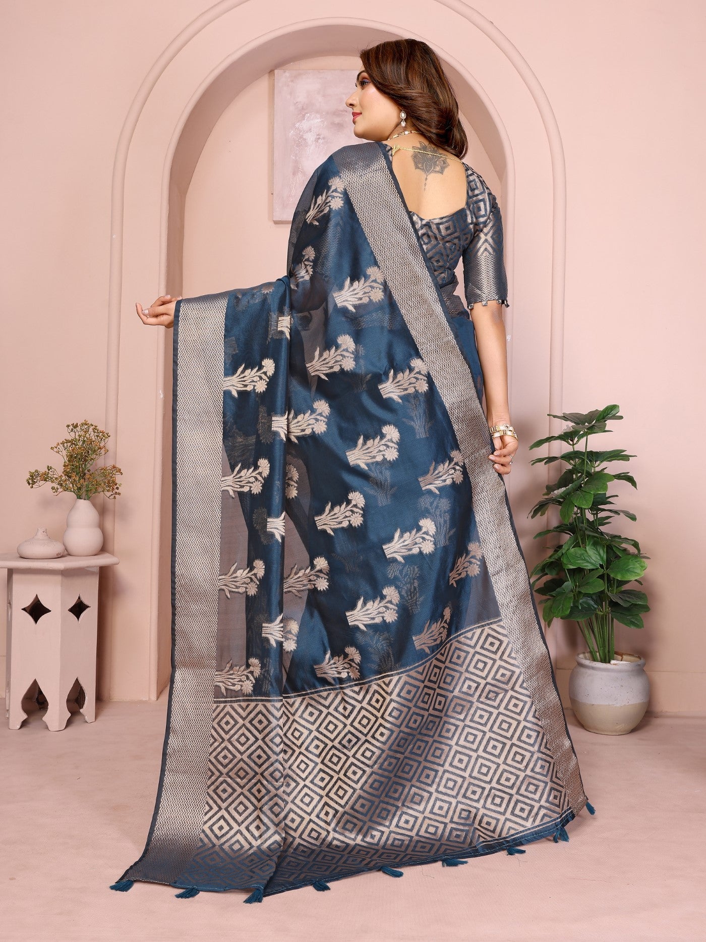 Teal Soft Organza Silk Saree With Elegant Weaving