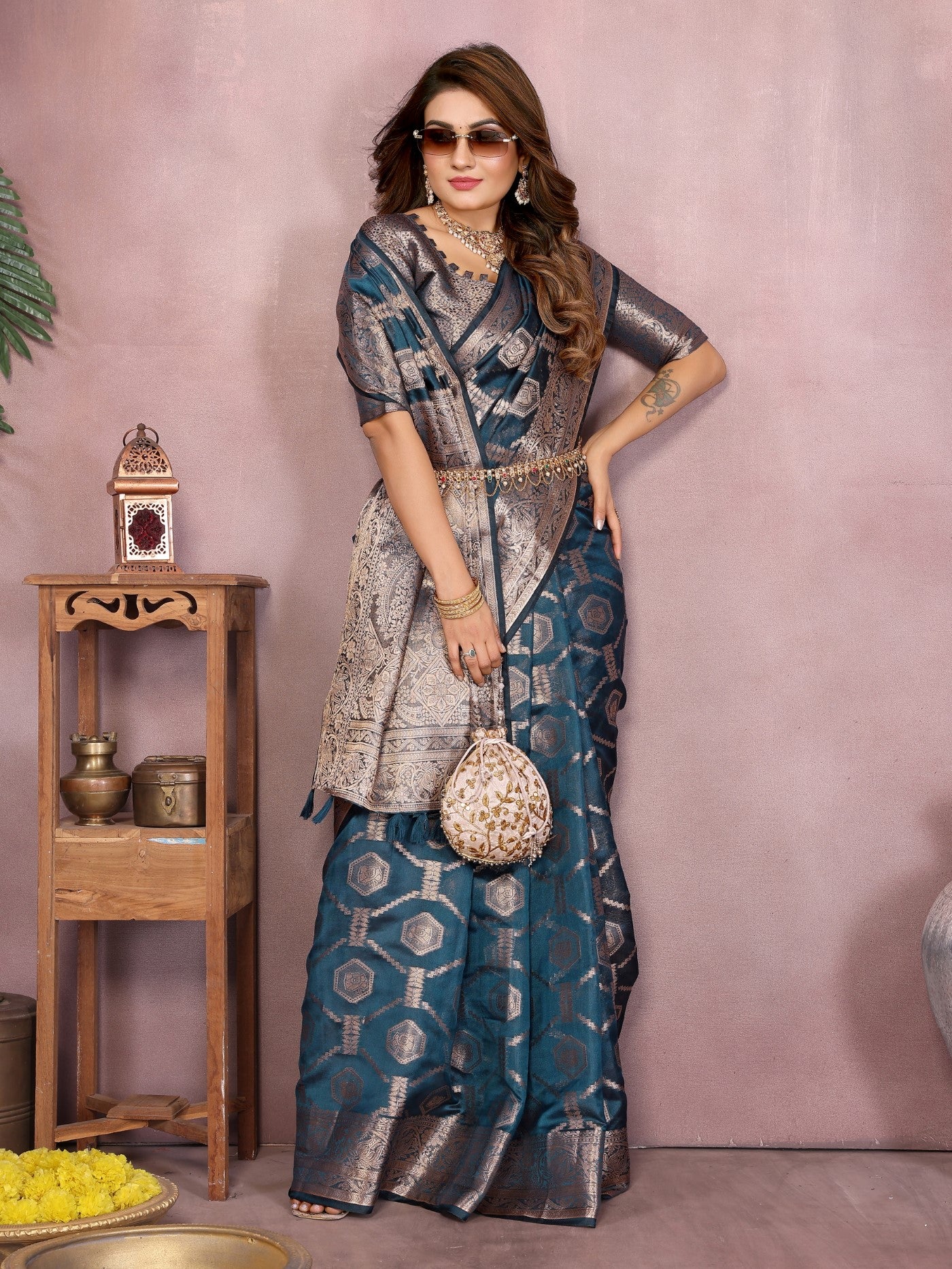 Teal Soft Organza Silk Saree With Elegant Weaving