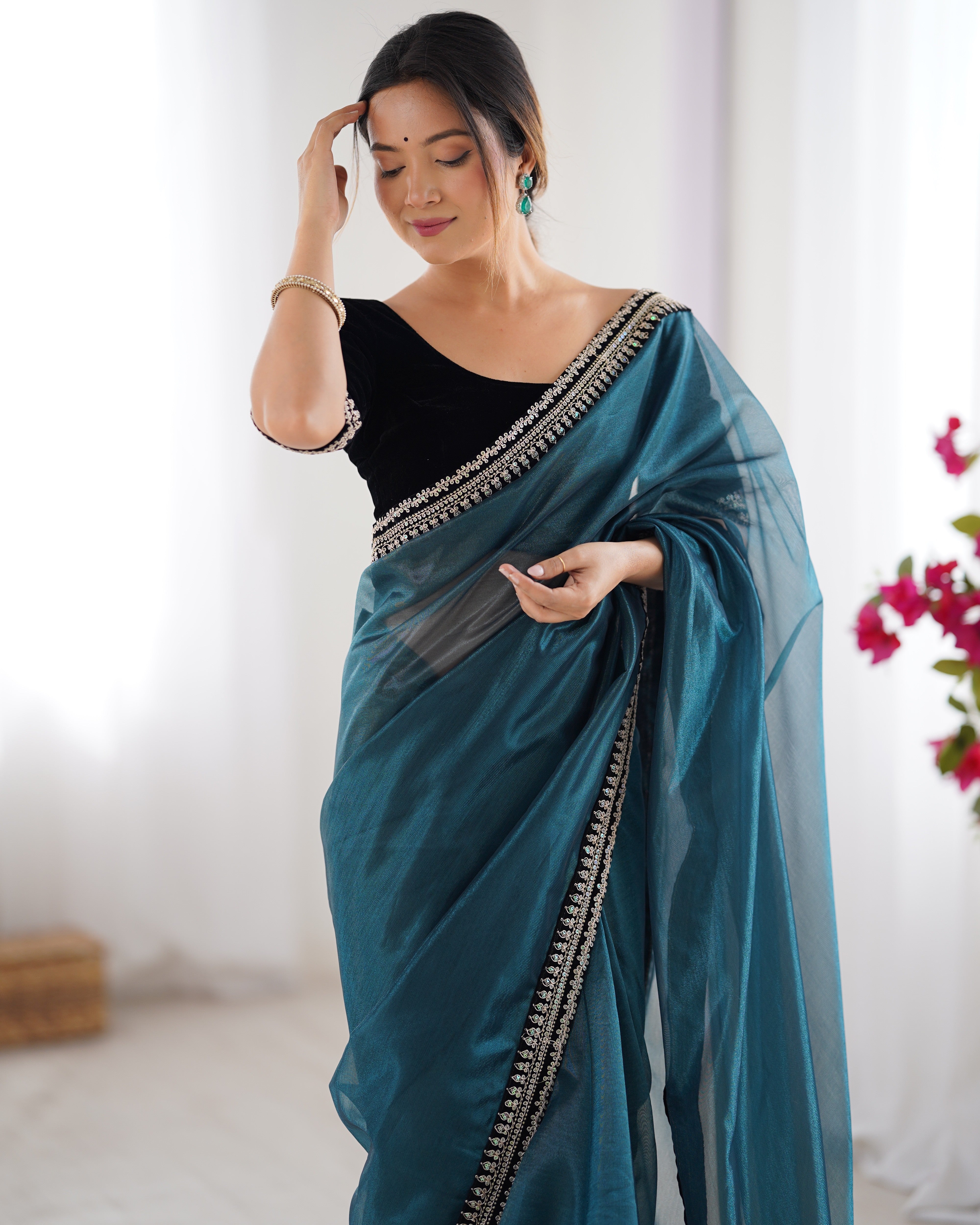 Teal Twill Net Beautiful Sophisticated Rich Girlie Saree