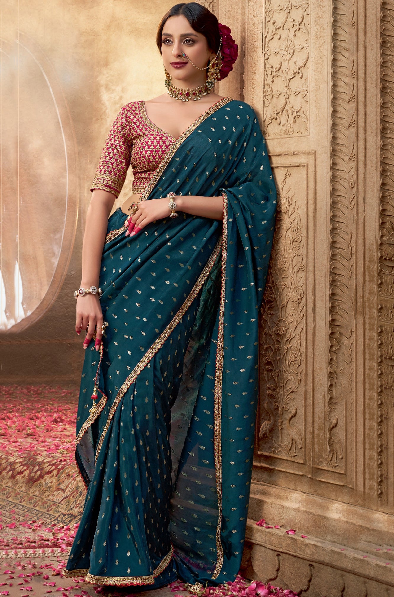 Teal Viscose Crepe Saree with Butti Weaving and Embroidered Blouse