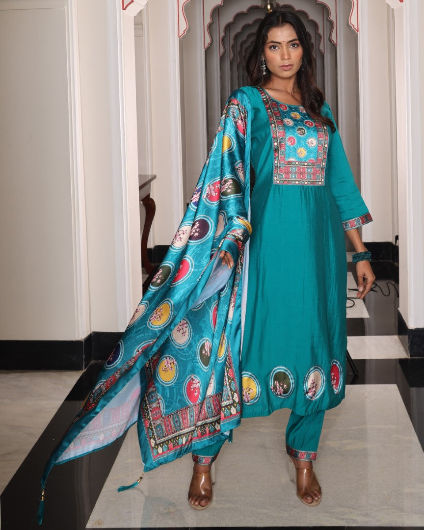 Teal Viscose Shimmer Designer Suit Set With Handcrafted Embroidery
