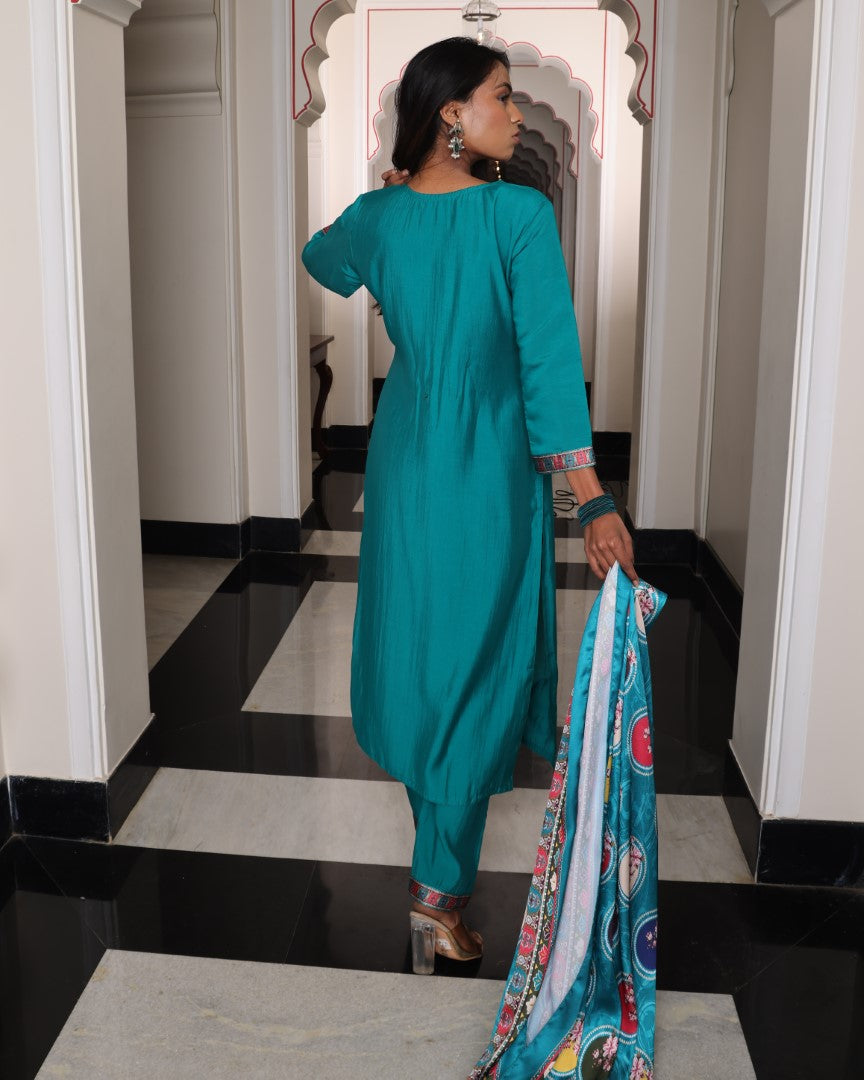 Teal Viscose Shimmer Designer Suit Set With Handcrafted Embroidery
