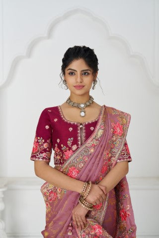 Threaded Blossoms: Pink Saree With Colorful Floral Embroidery