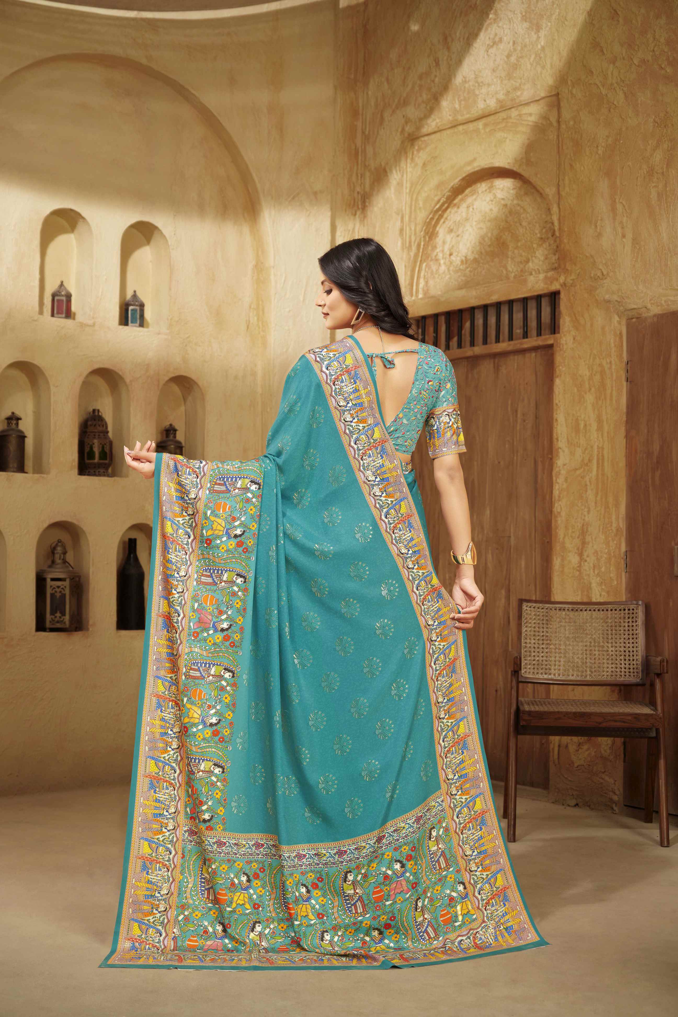 Tourquoise Blue Designer Position Digital Foil Printed Crepe Silk Ethnic Festive Saree