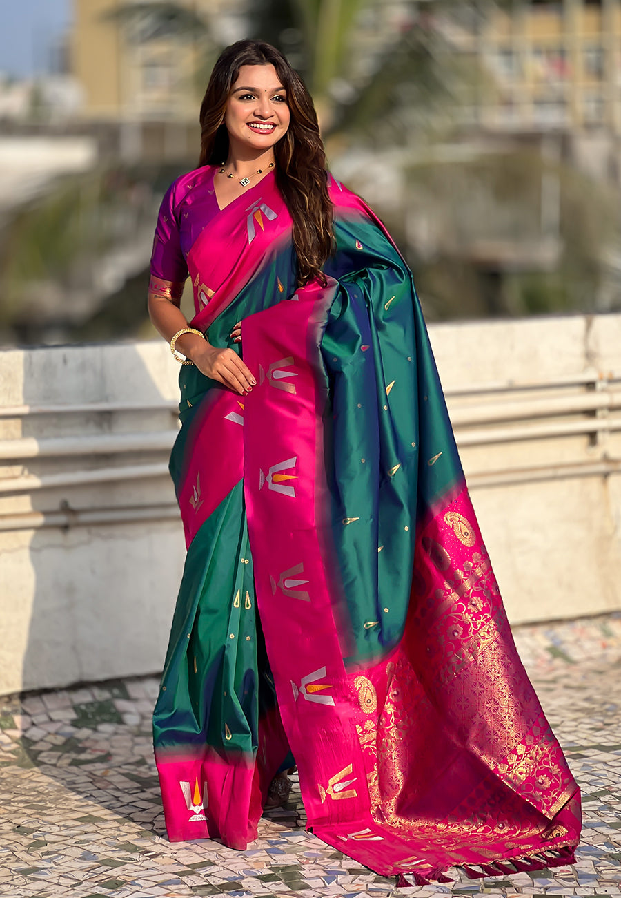 Traditional Woven Balaji Tilak Designer Woven Soft Silk Teal Green Saree
