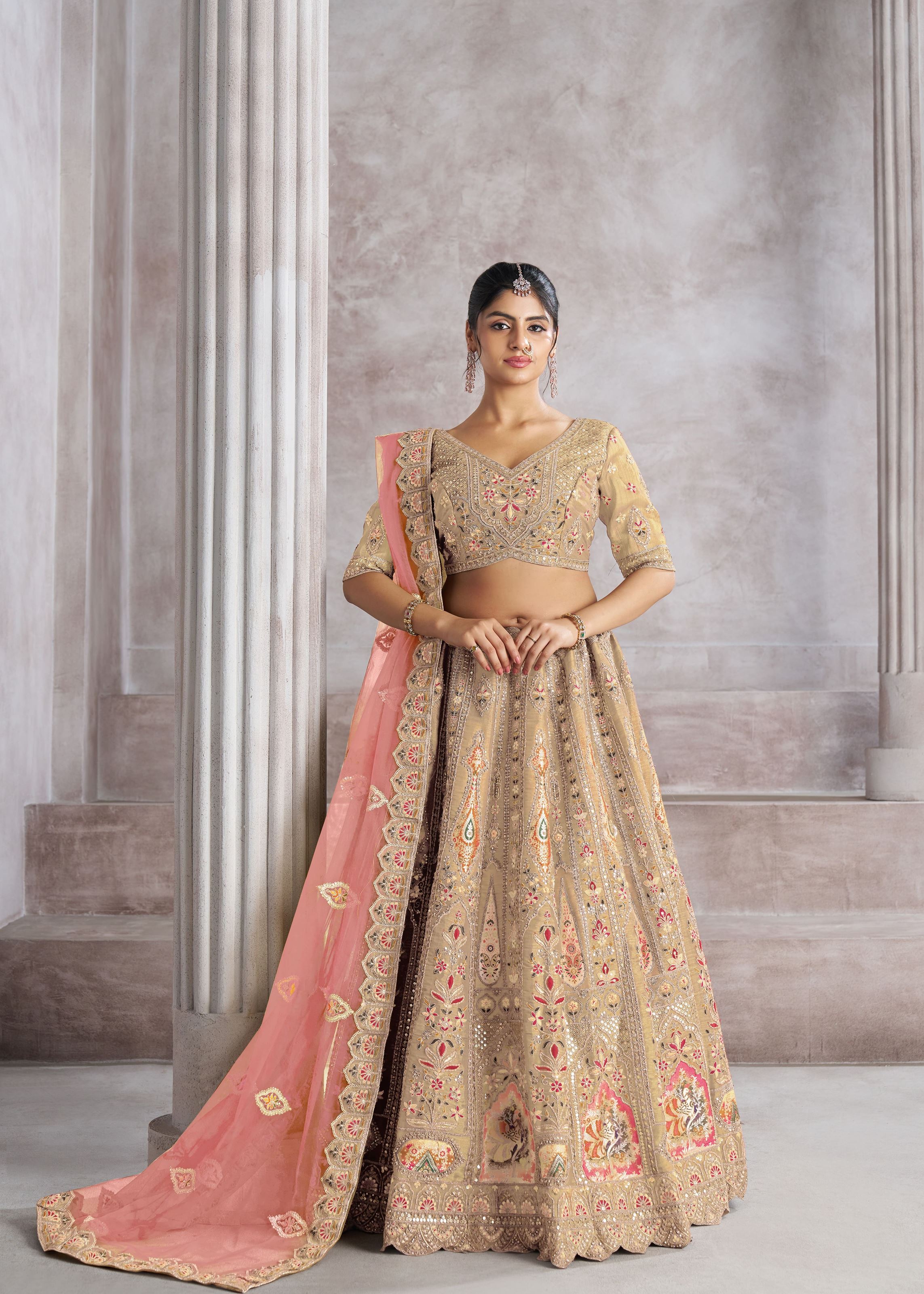 Trending Chiku Color Lehenga With Patch Work