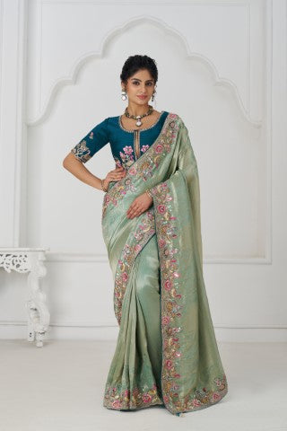 Trending Reception Green Color Saree With  Multi-Thread Embroidery
