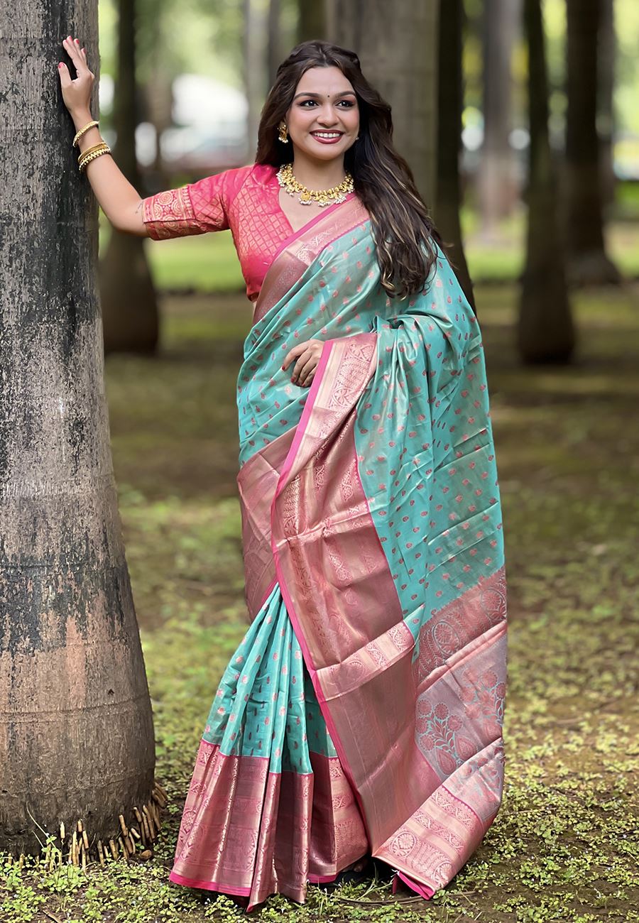 Turquoise Blue Silk Blend  South Indian Kanchipuram Saree