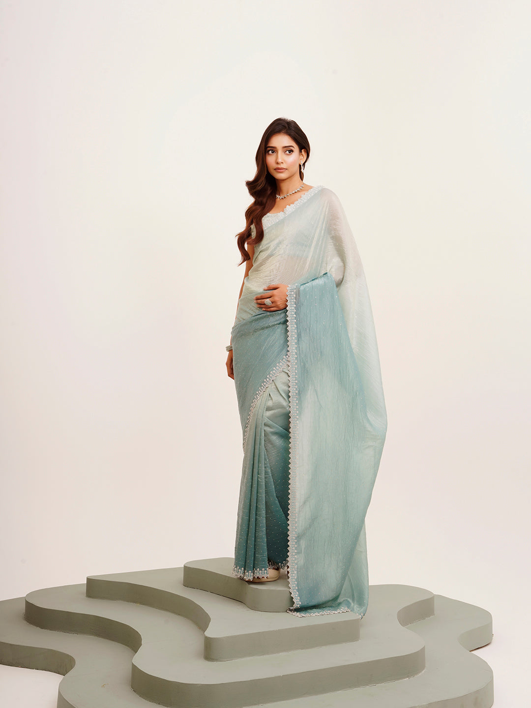 Turquoise Blue Tissue Embellished Beads And Stones Work Fancy Saree