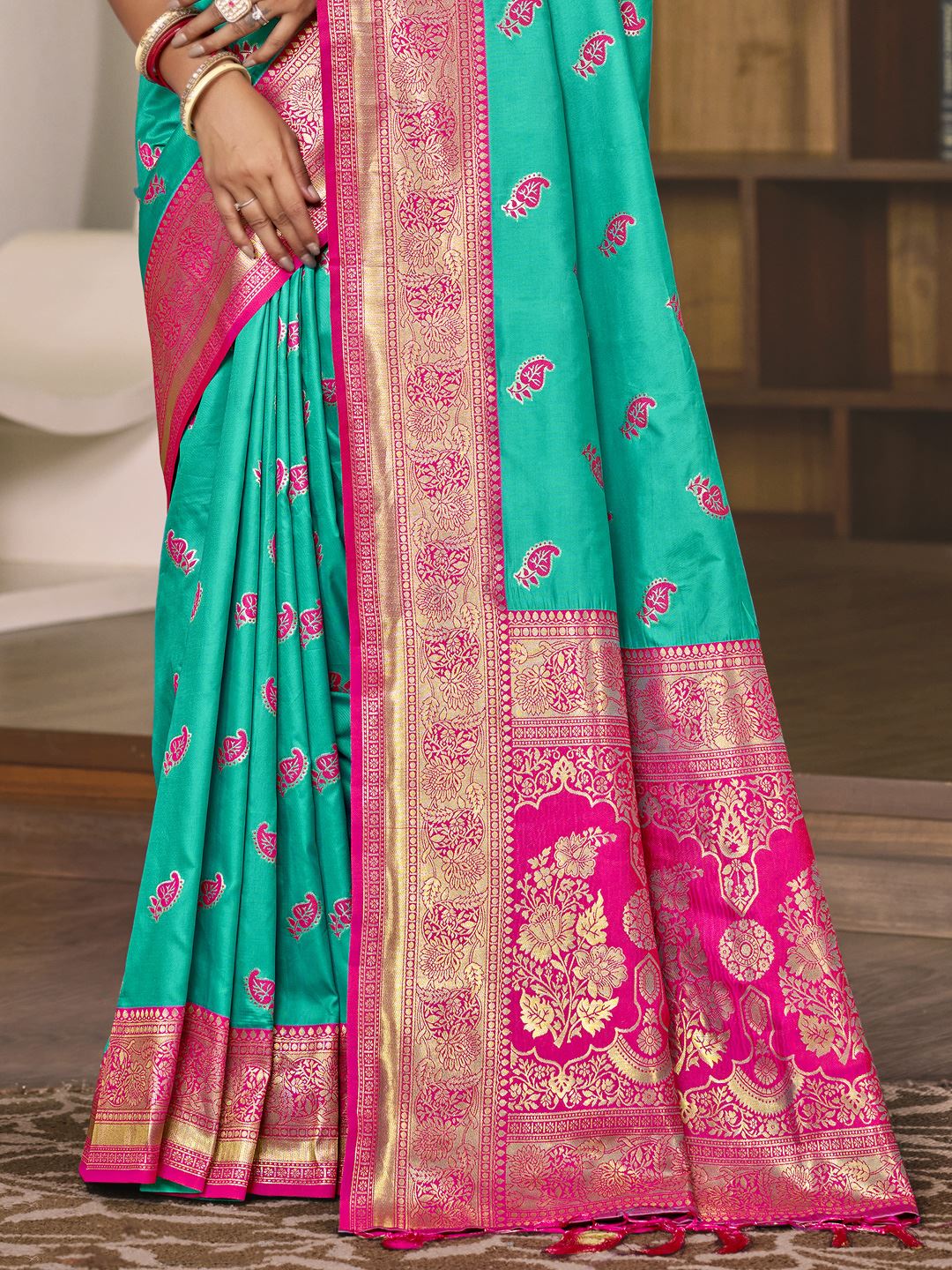 Turquoise Color Jacquard Silk Saree