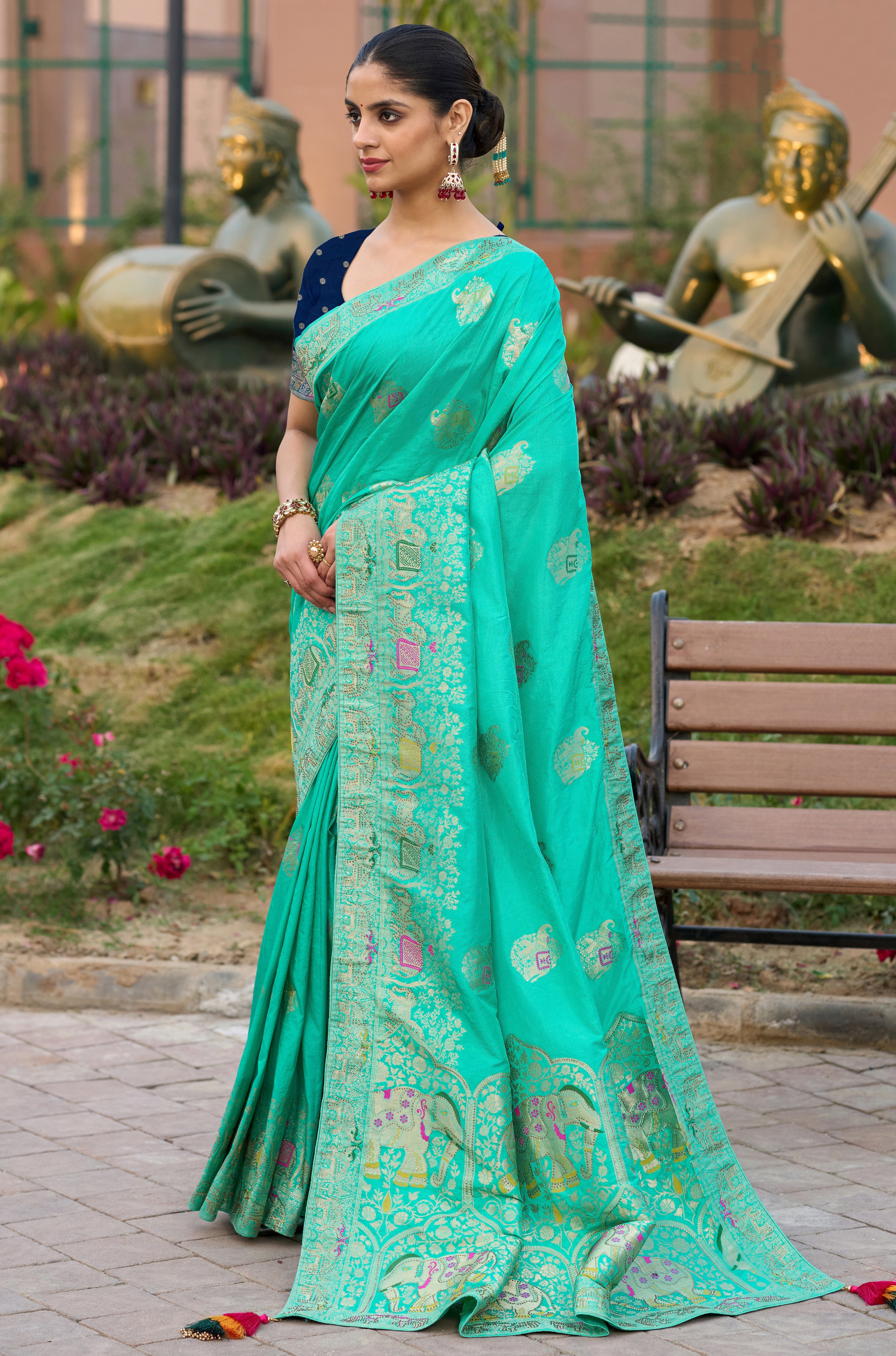 Turquoise Color Pure Dola Silk Saree With  Jacquard Woven Work