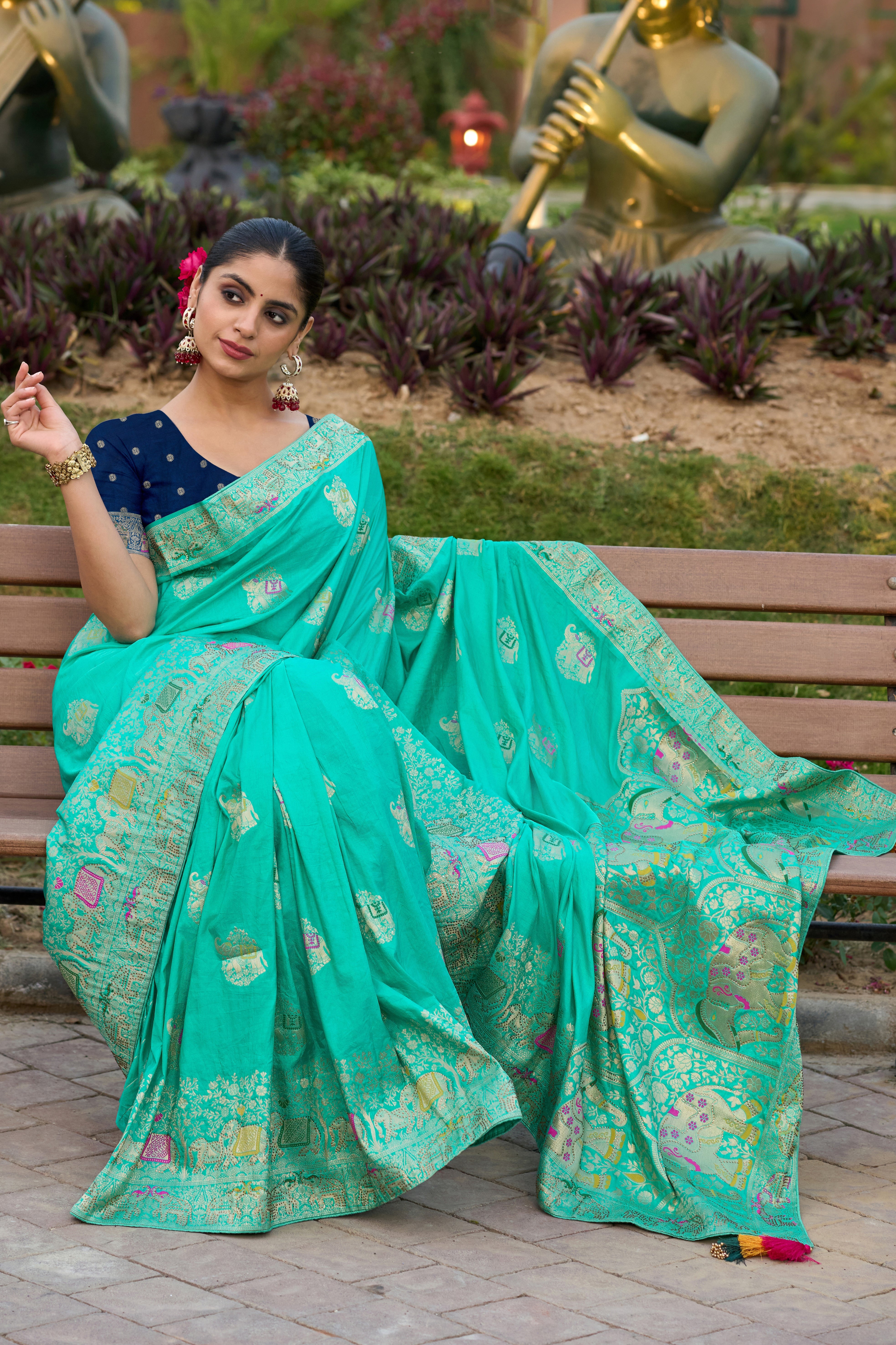 Turquoise Color Pure Dola Silk Saree With  Jacquard Woven Work
