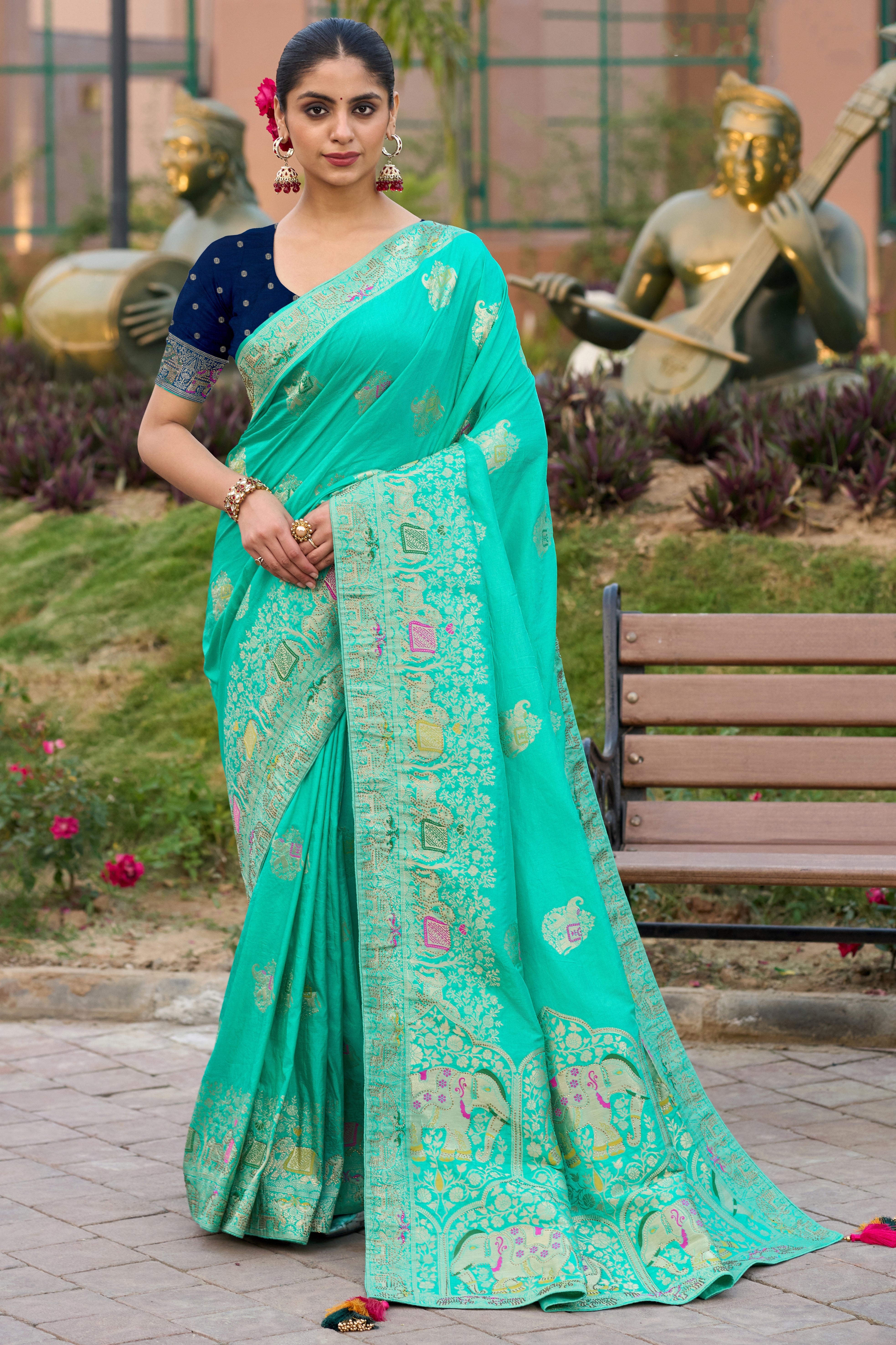 Turquoise Color Pure Dola Silk Saree With  Jacquard Woven Work