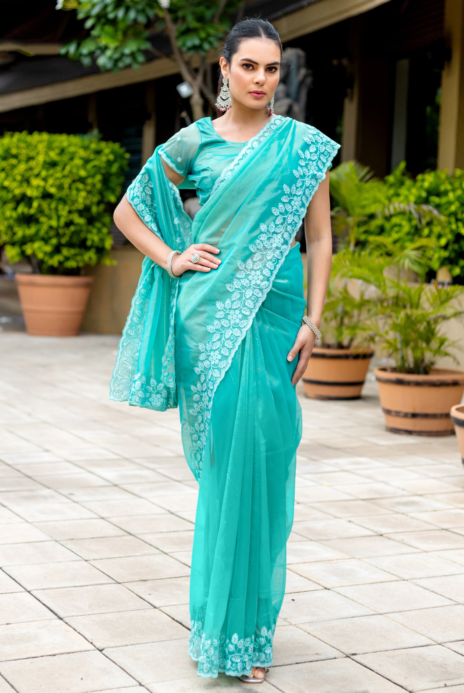 Turquoise Gold-Infused Twill Saree with Zari Sequins Cut Work