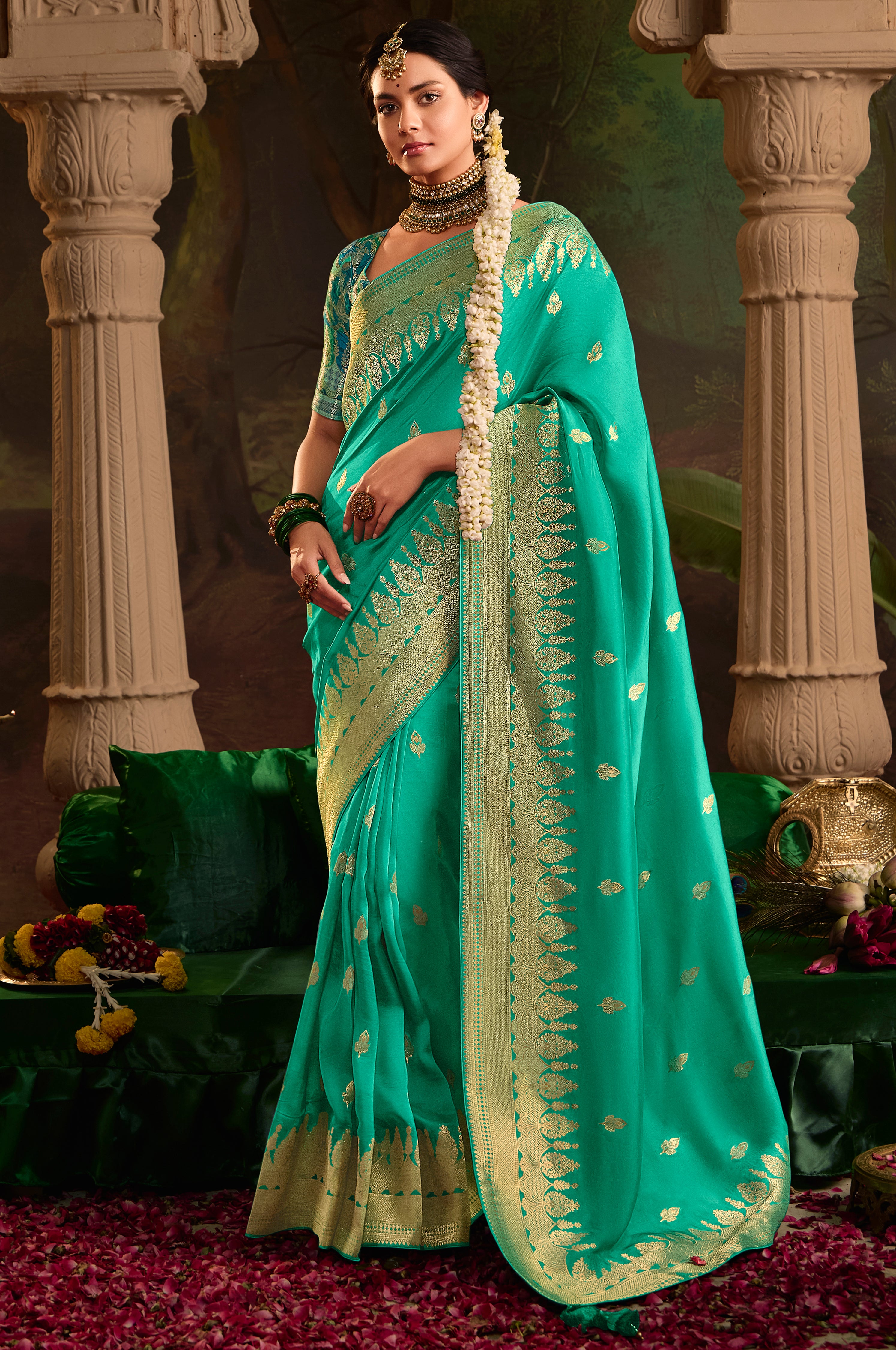 Turquoise Pure Crepe Dola Silk Saree With Jacquard Woven Work