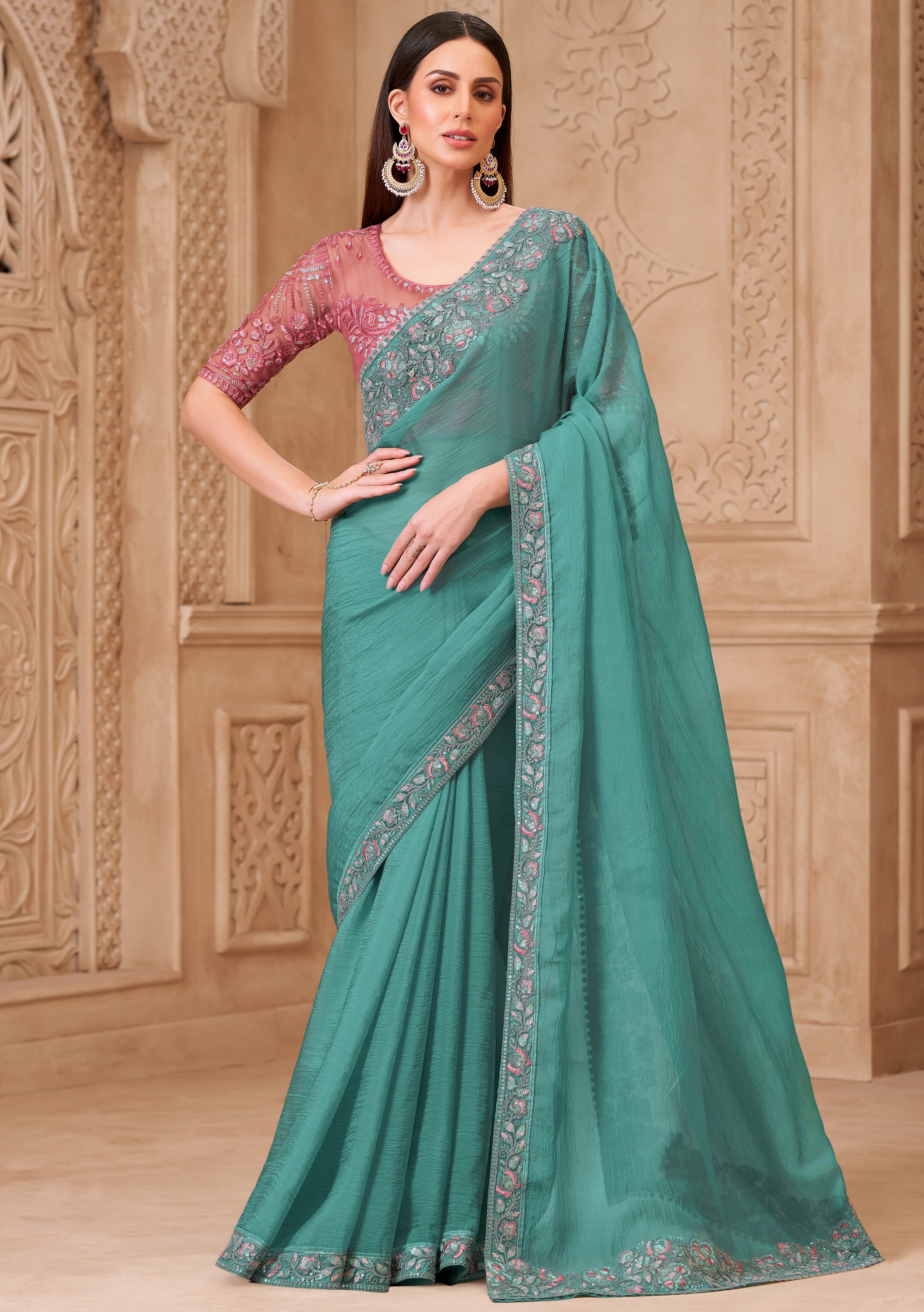 Turquoise Saree With  Heavy Thread Embroidery Sequins Border Work With Embroidery Blouse