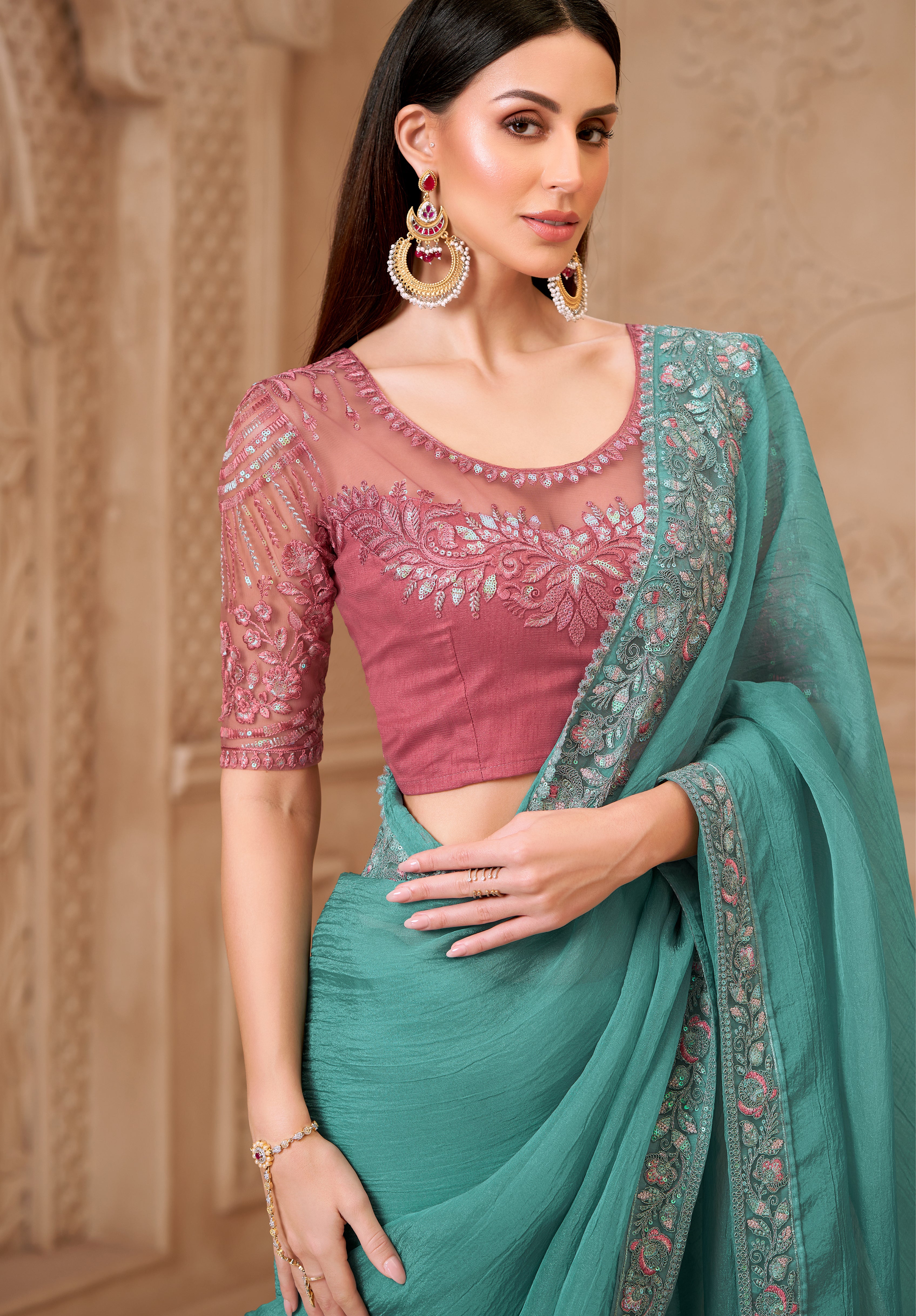 Turquoise Saree With  Heavy Thread Embroidery Sequins Border Work With Embroidery Blouse