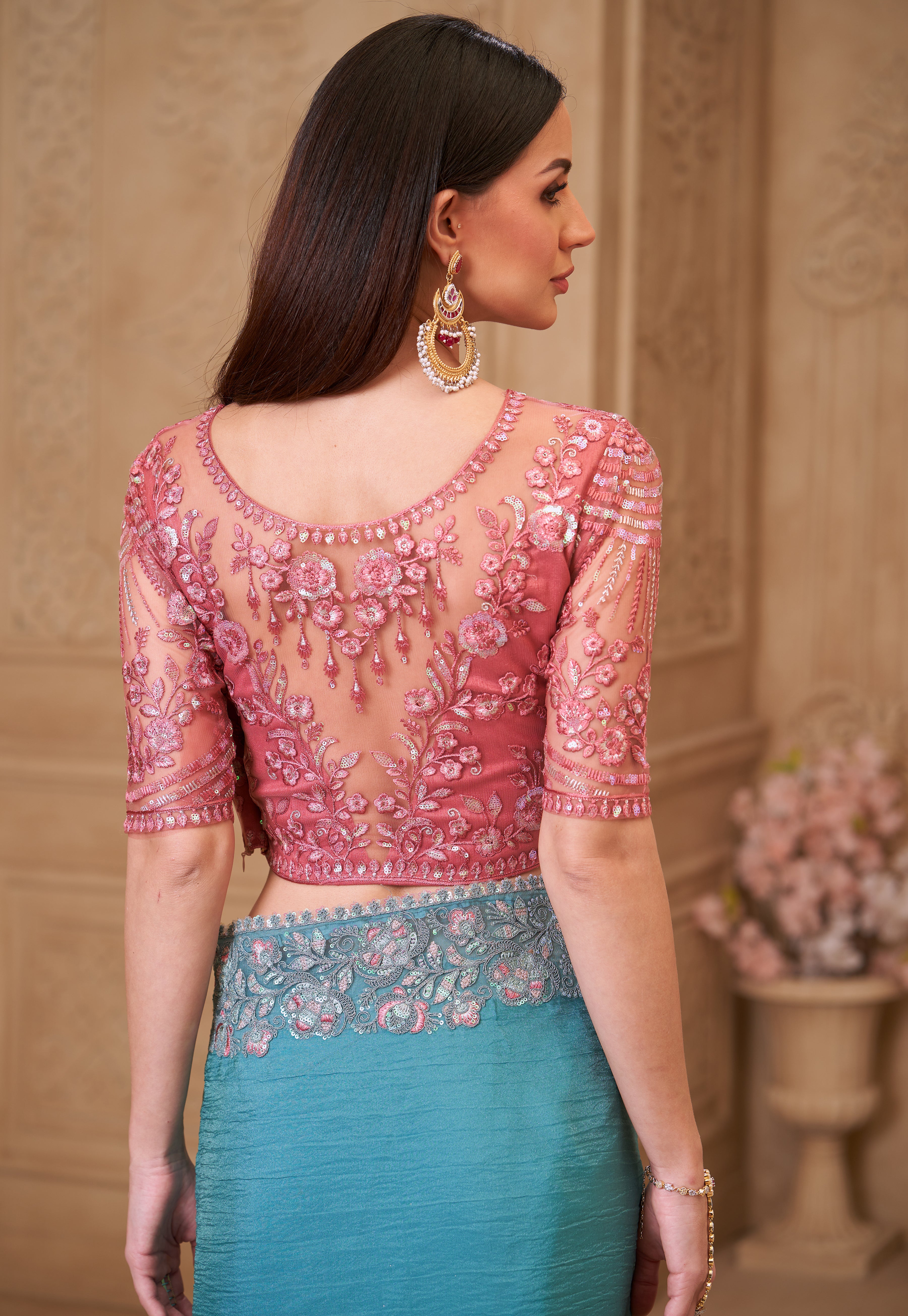 Turquoise Saree With  Heavy Thread Embroidery Sequins Border Work With Embroidery Blouse