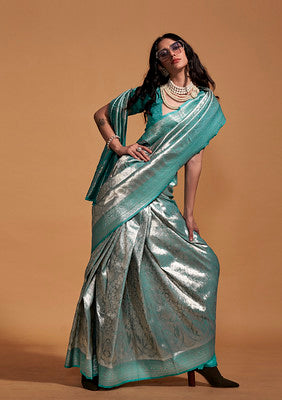 Turquoise Silk Saree With  Woven Work