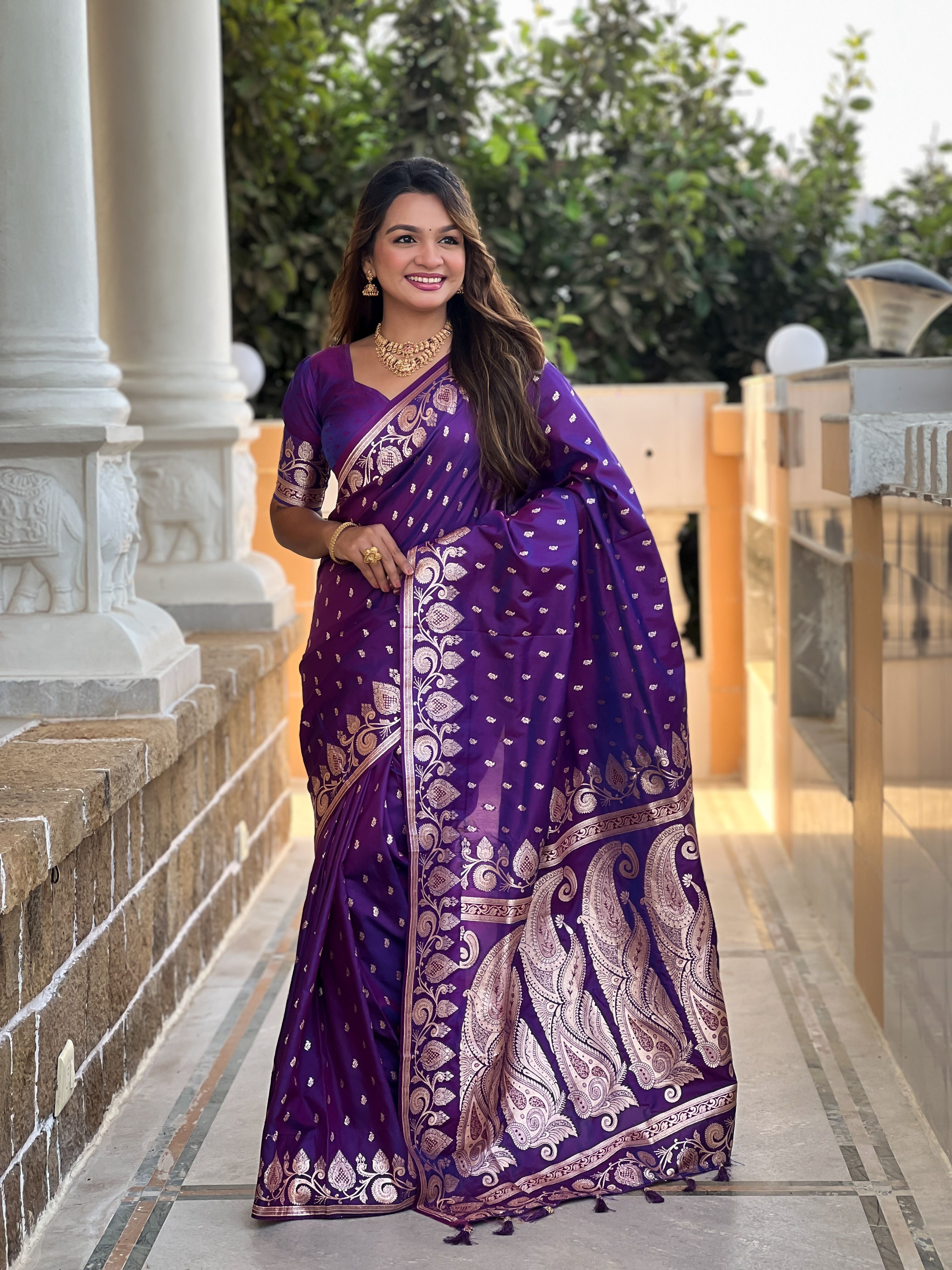 Violet Banarasi Silk Saree With Woven Jacquard Designer Partywear Saree