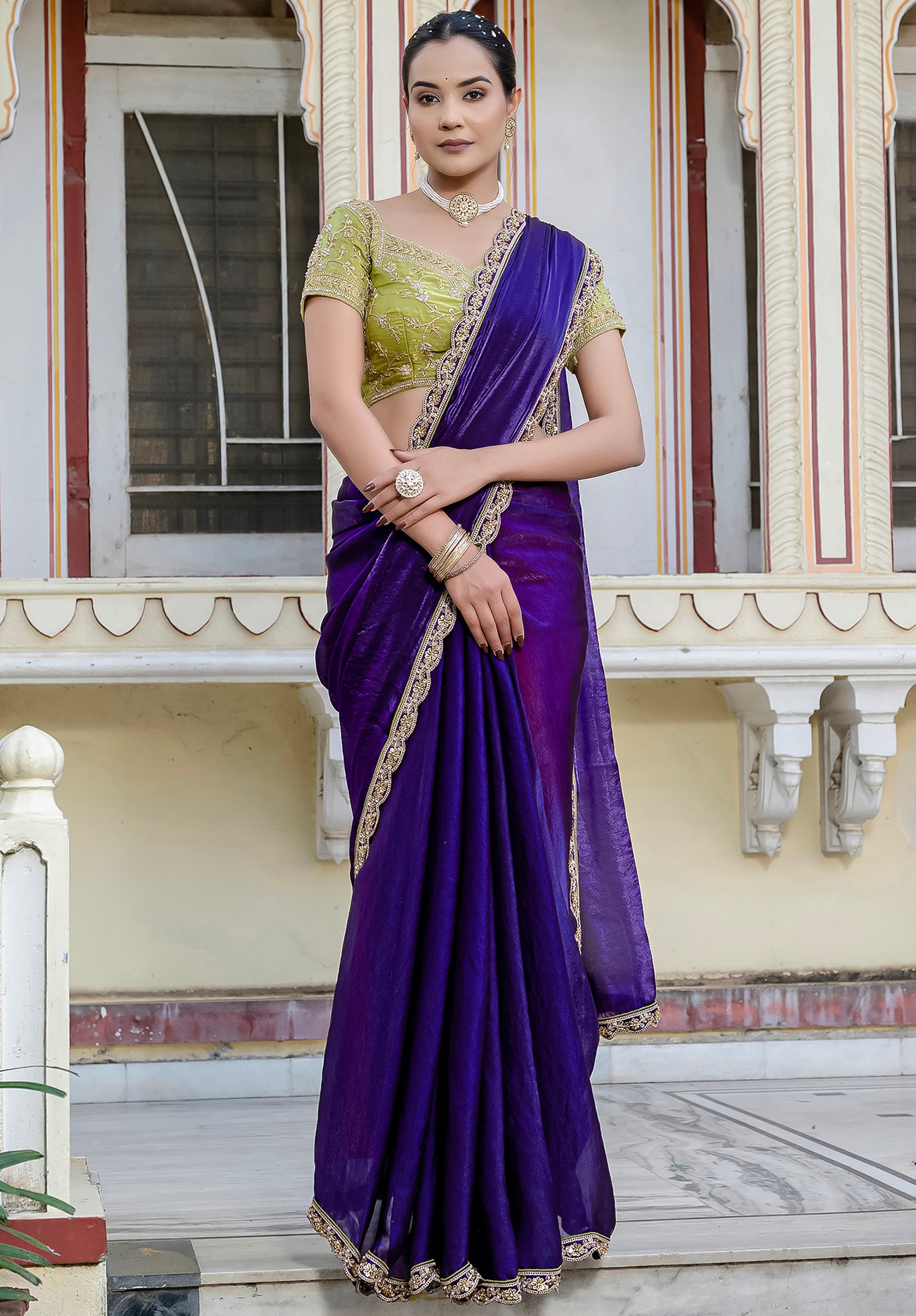 Violet Color  Satin with Velvet Lustre Saree With  Handwork Lace