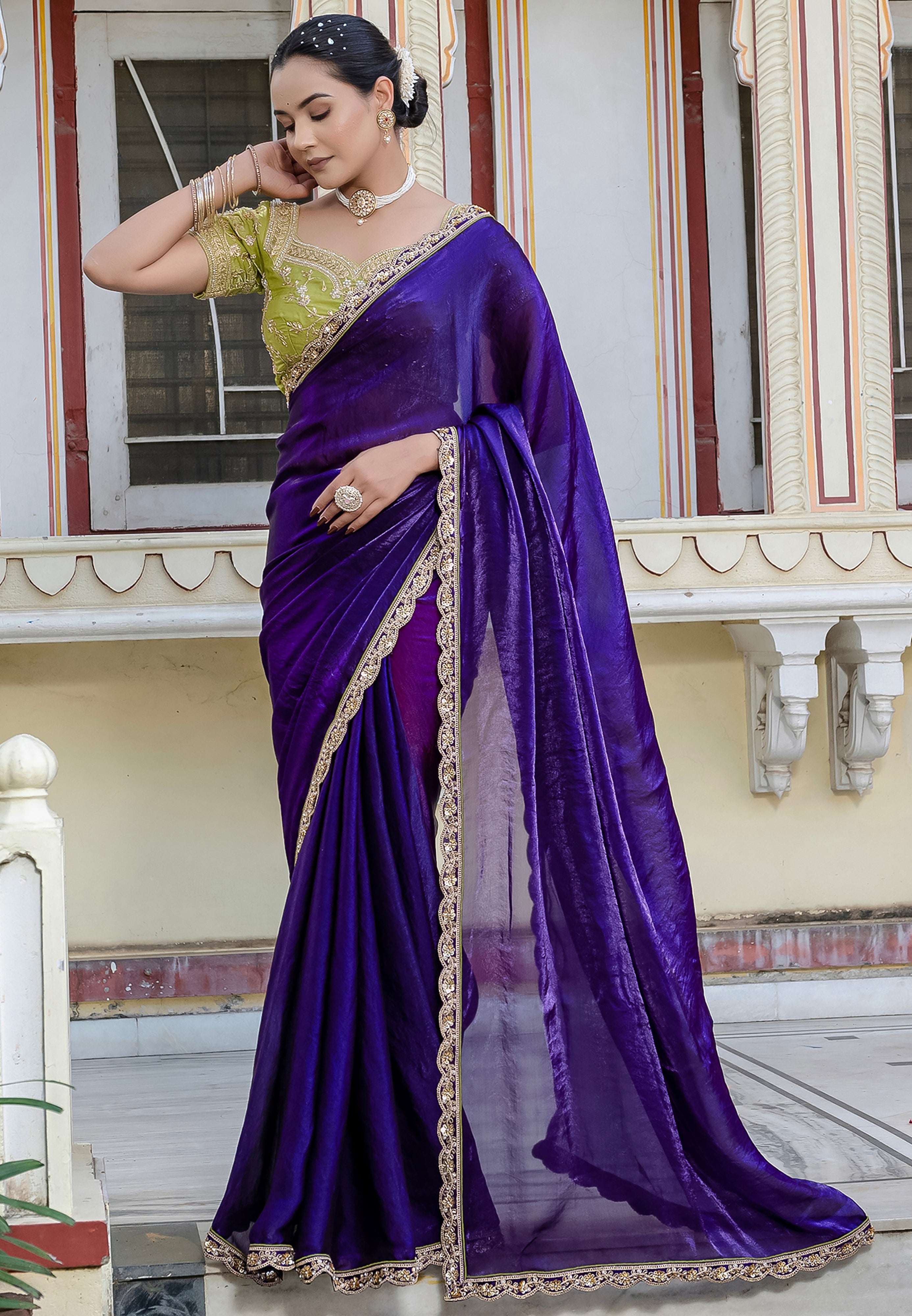 Violet Color  Satin with Velvet Lustre Saree With  Handwork Lace