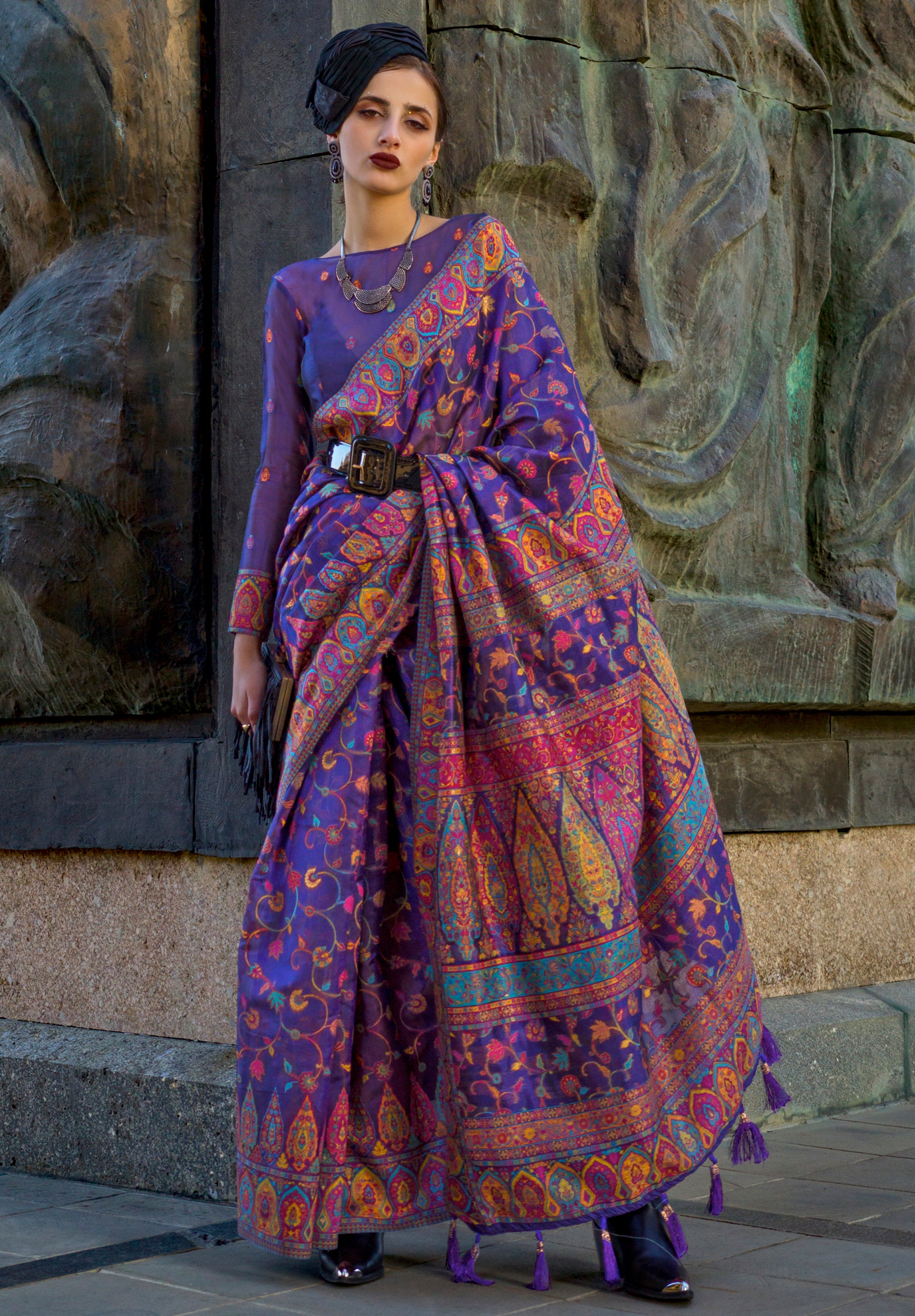 Violet Handloom Organza Saree With  Handloom Kashmiri Jacquard Woven Work