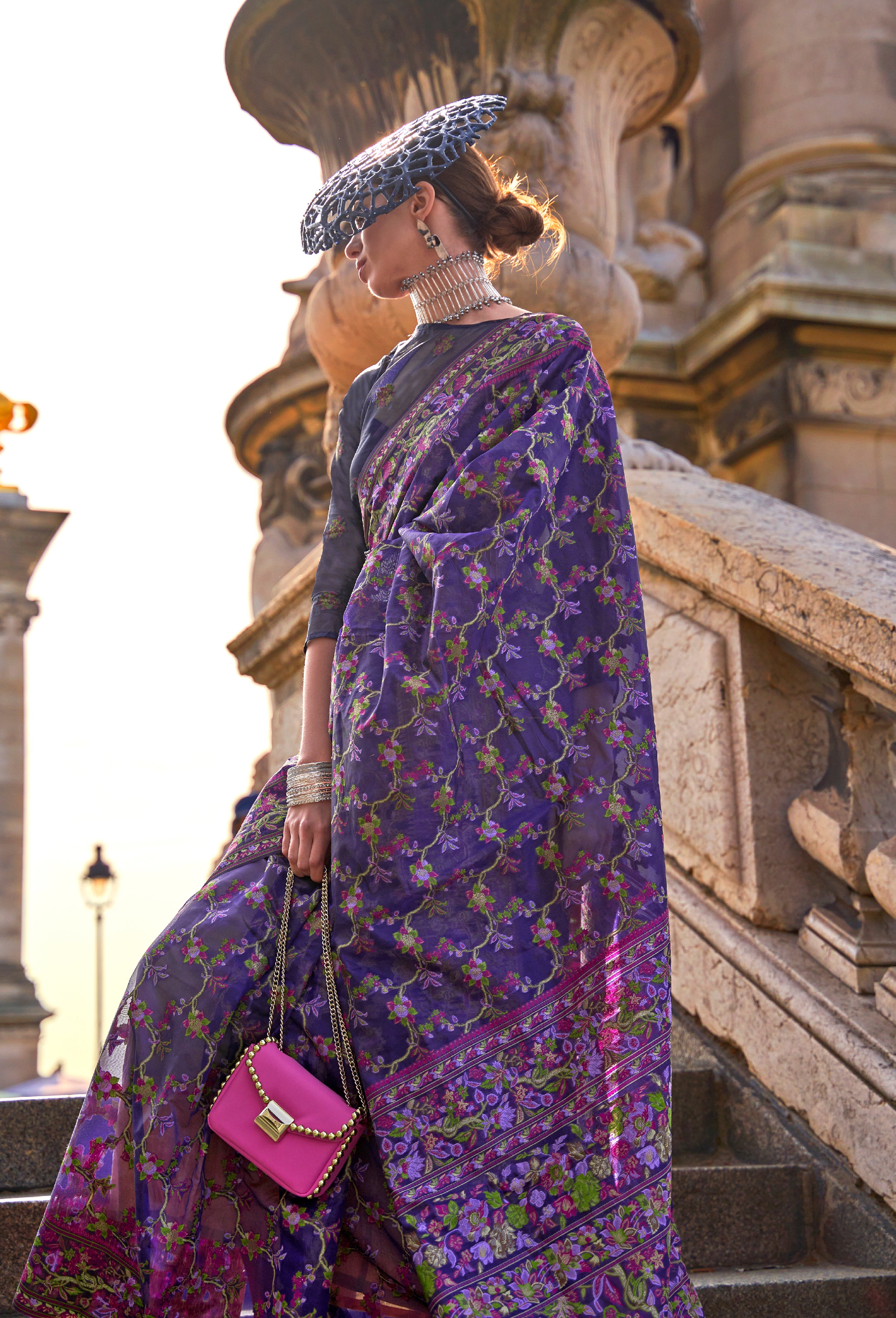Violet Organza Handloom Saree With  Woven Work