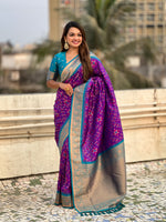 Violet Patola Silk Weaving Ikkat Meenakari Designer Graceful Ceremonial Saree