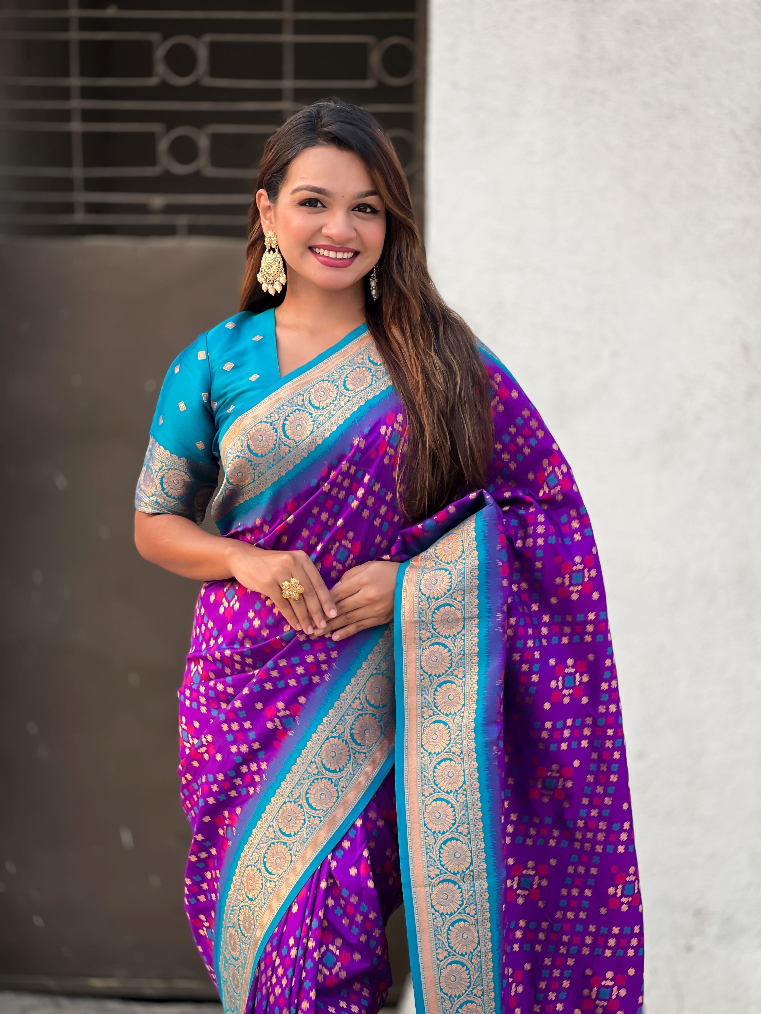 Violet Patola Silk Weaving Ikkat Meenakari Designer Graceful Ceremonial Saree