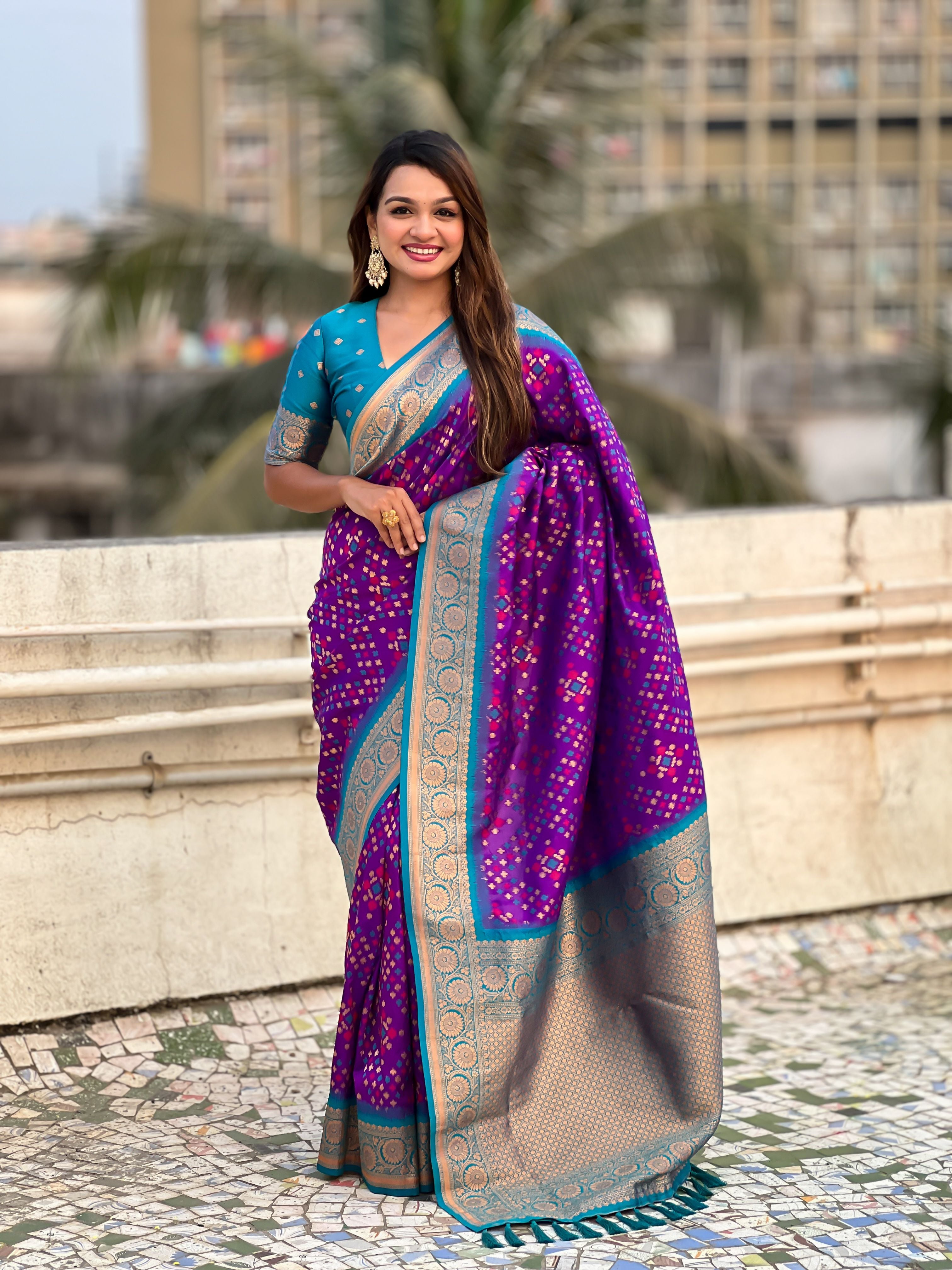 Violet Patola Silk Weaving Ikkat Meenakari Designer Graceful Ceremonial Saree