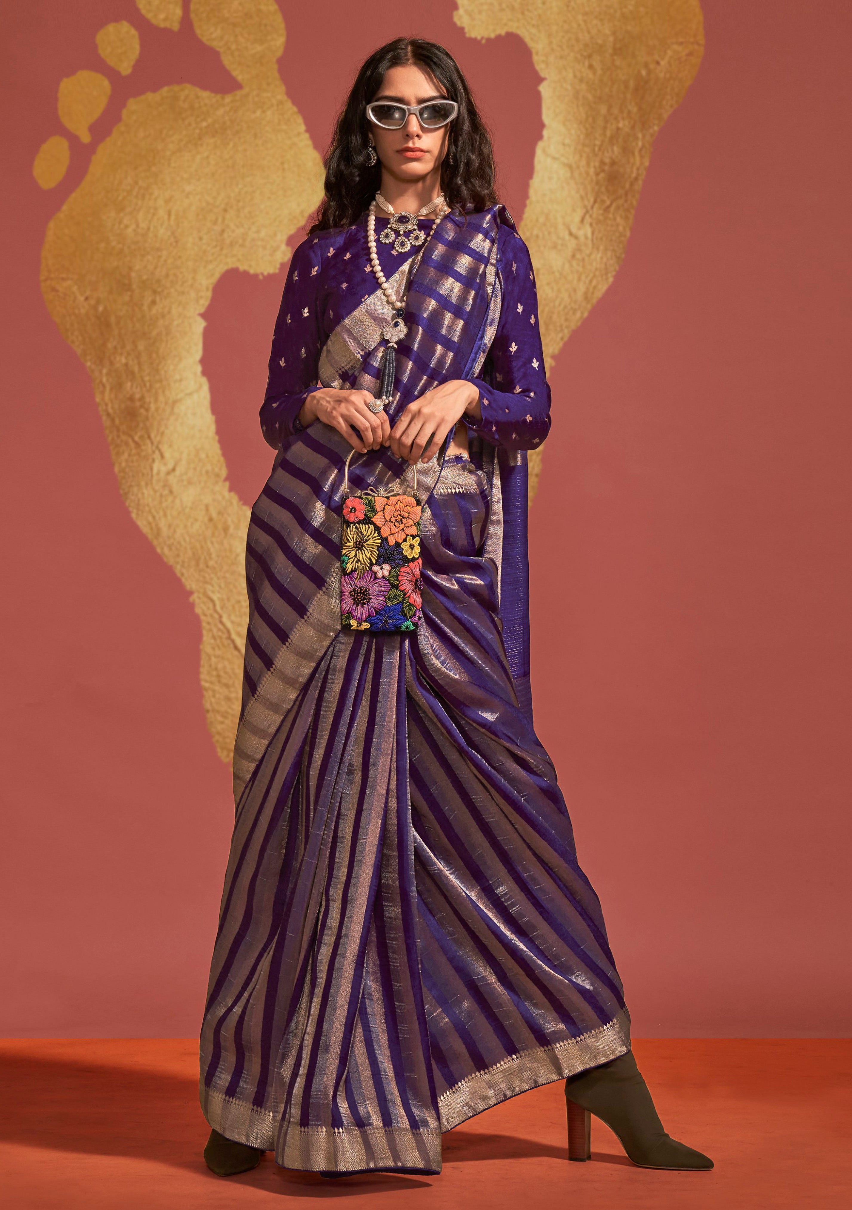 Violet Pure Viscose Handloom Silk Saree With  Jacquard Woven Work