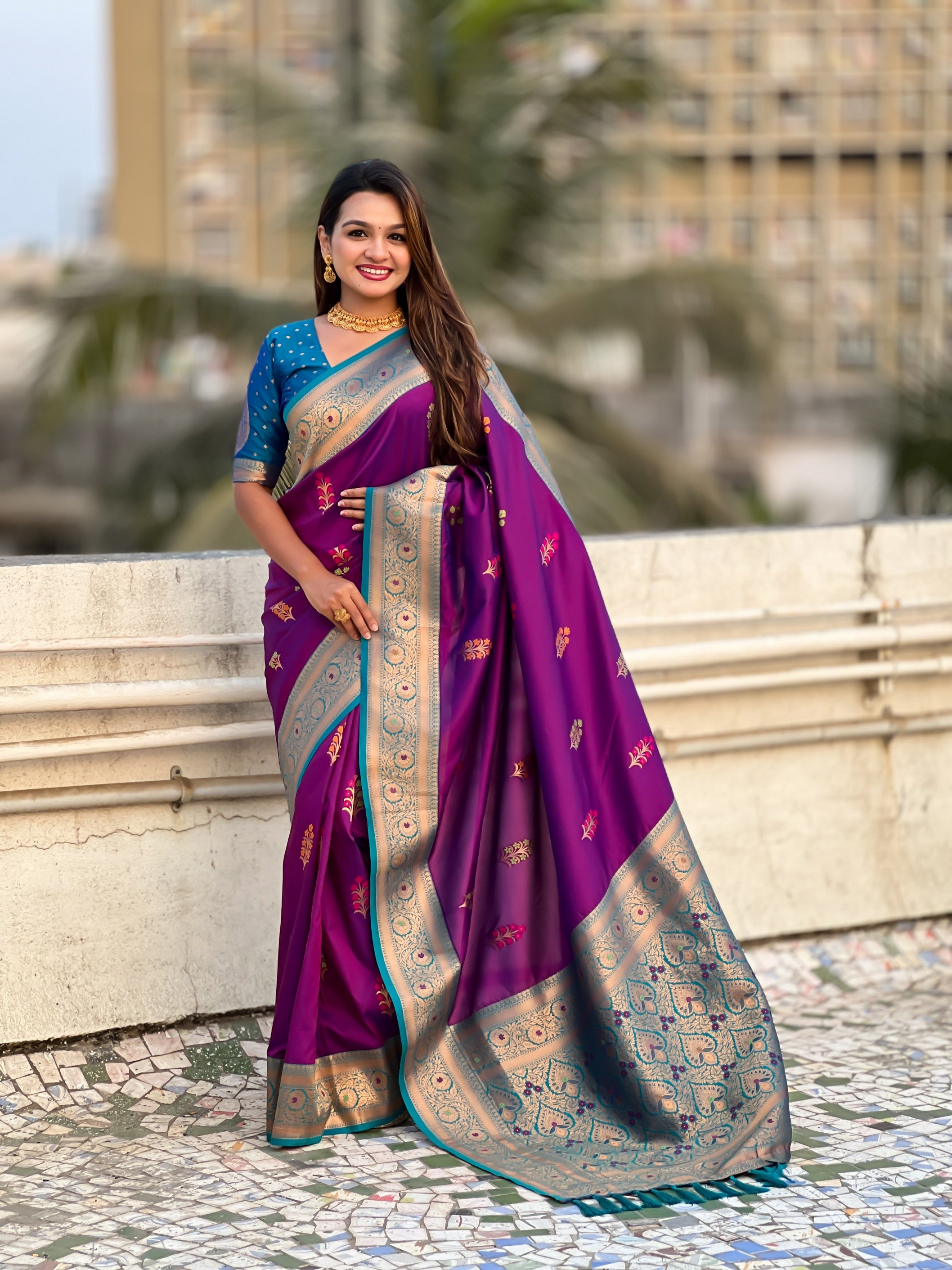 Violet Soft Silk Woven Meenakari Designer Heavy Ceremonial Saree