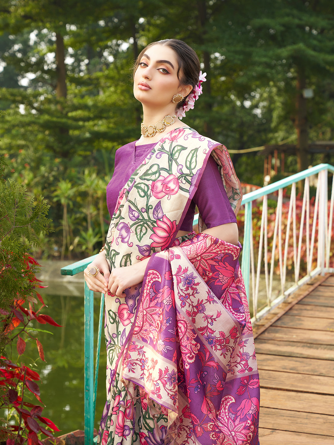 Violet Tussar Silk Designer Kalamkari Printed Traditional Ethnic Indian Saree